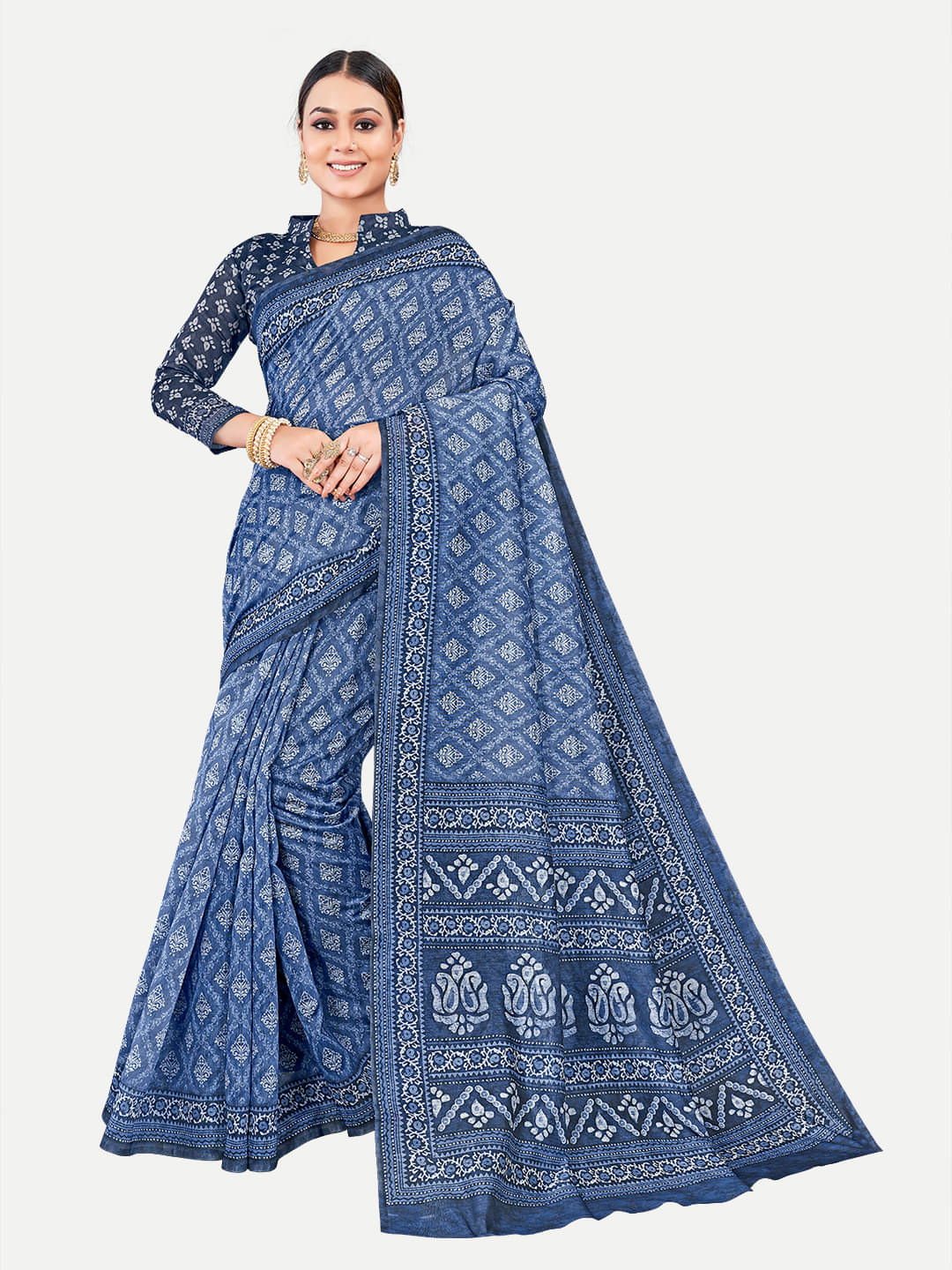     			tavas Chanderi Printed Saree With Unstitched Blouse Piece ( Blue )