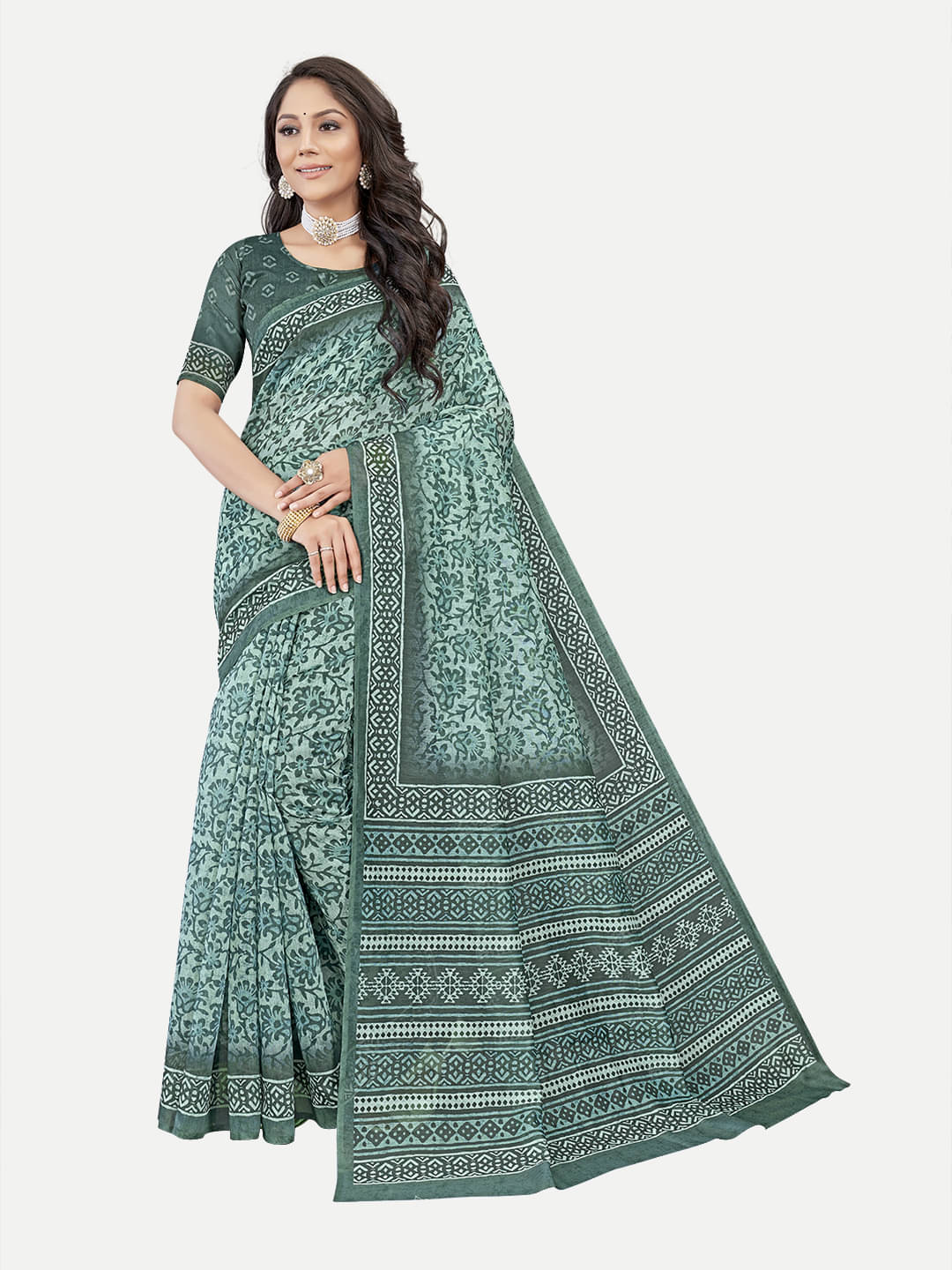 tavas Chanderi Printed Saree With Unstitched Blouse Piece ( Blue ) tavas Chanderi Printed Saree With Unstitched Blouse Piece ( Blue )