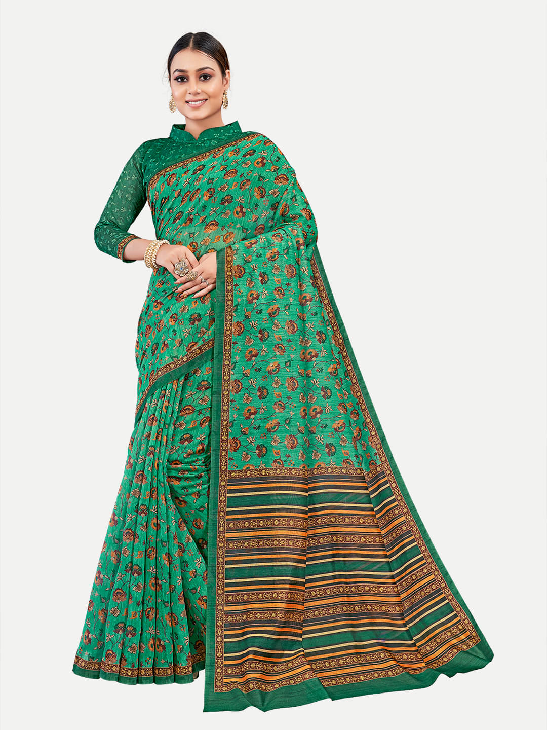 tavas Chanderi Printed Saree With Unstitched Blouse Piece ( Green ) tavas Chanderi Printed Saree With Unstitched Blouse Piece ( Green )