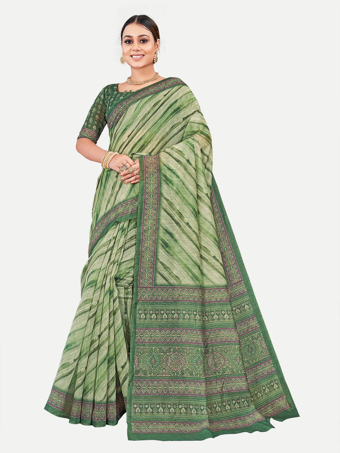     			tavas Chanderi Printed Saree With Unstitched Blouse Piece ( Green )