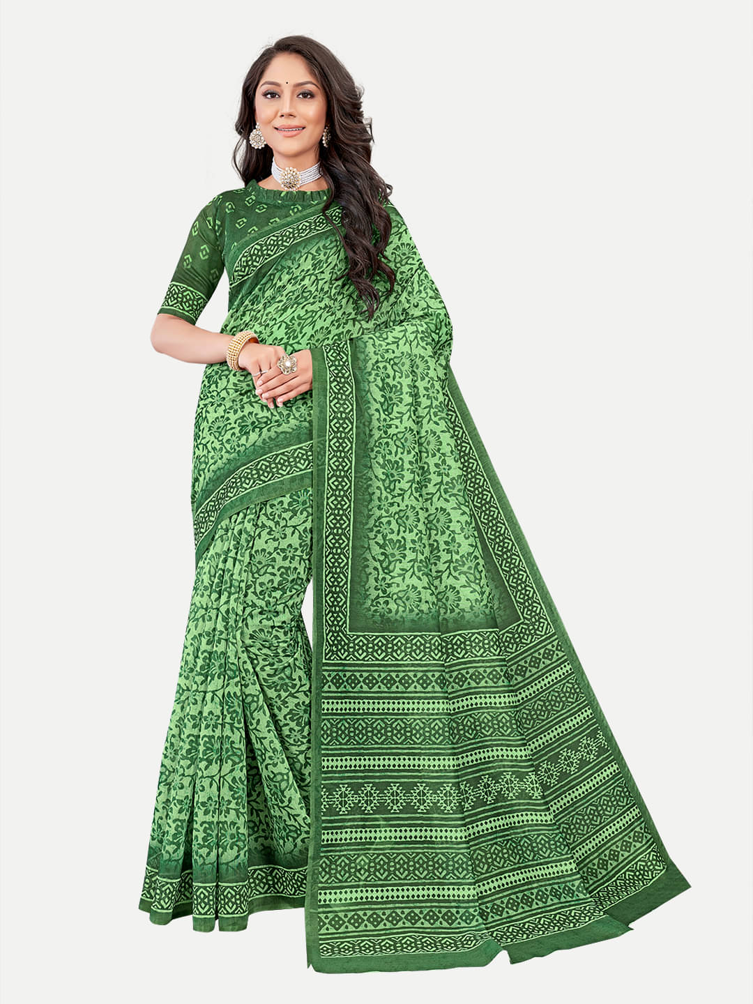 tavas Chanderi Printed Saree With Unstitched Blouse Piece ( Green ) tavas Chanderi Printed Saree With Unstitched Blouse Piece ( Green )