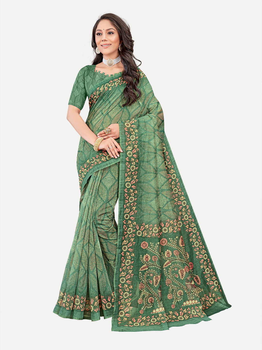 tavas Chanderi Printed Saree With Unstitched Blouse Piece ( Green ) tavas Chanderi Printed Saree With Unstitched Blouse Piece ( Green )