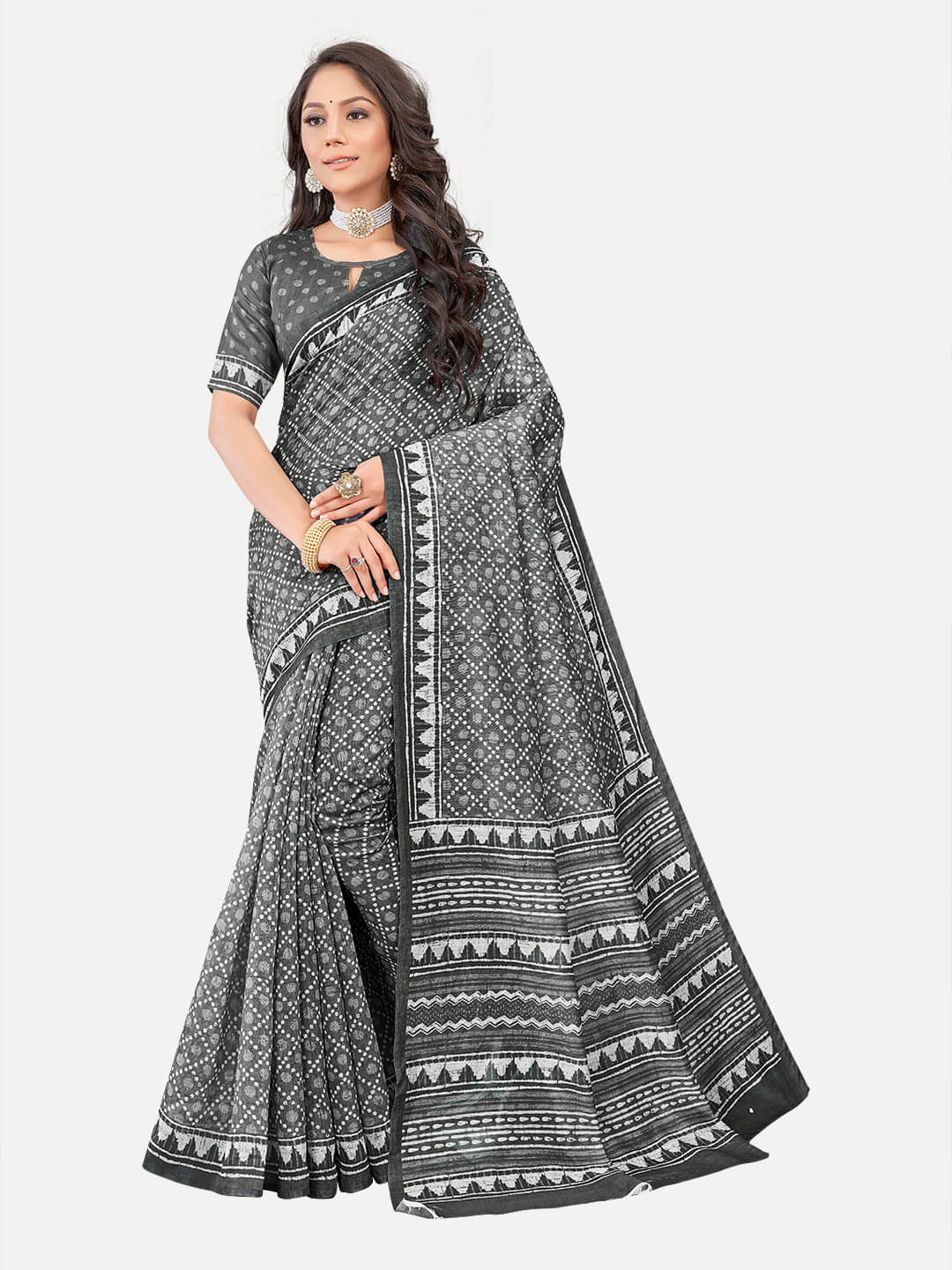     			tavas Chanderi Printed Saree With Unstitched Blouse Piece ( Grey )