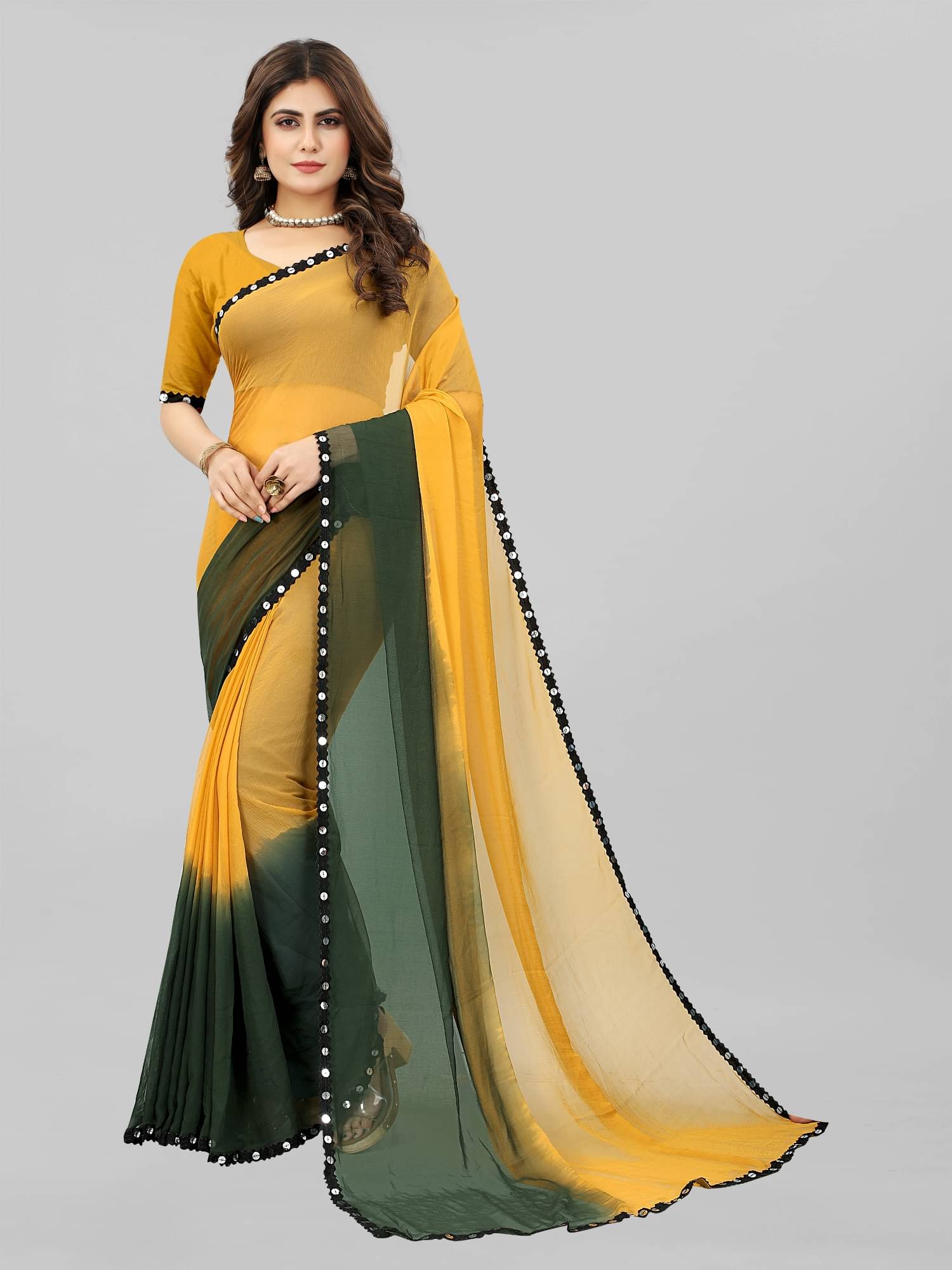 Aika Chiffon Colorblock Saree With Unstitched Blouse Piece ( Light Green ) Aika Chiffon Colorblock Saree With Unstitched Blouse Piece ( Light Green )