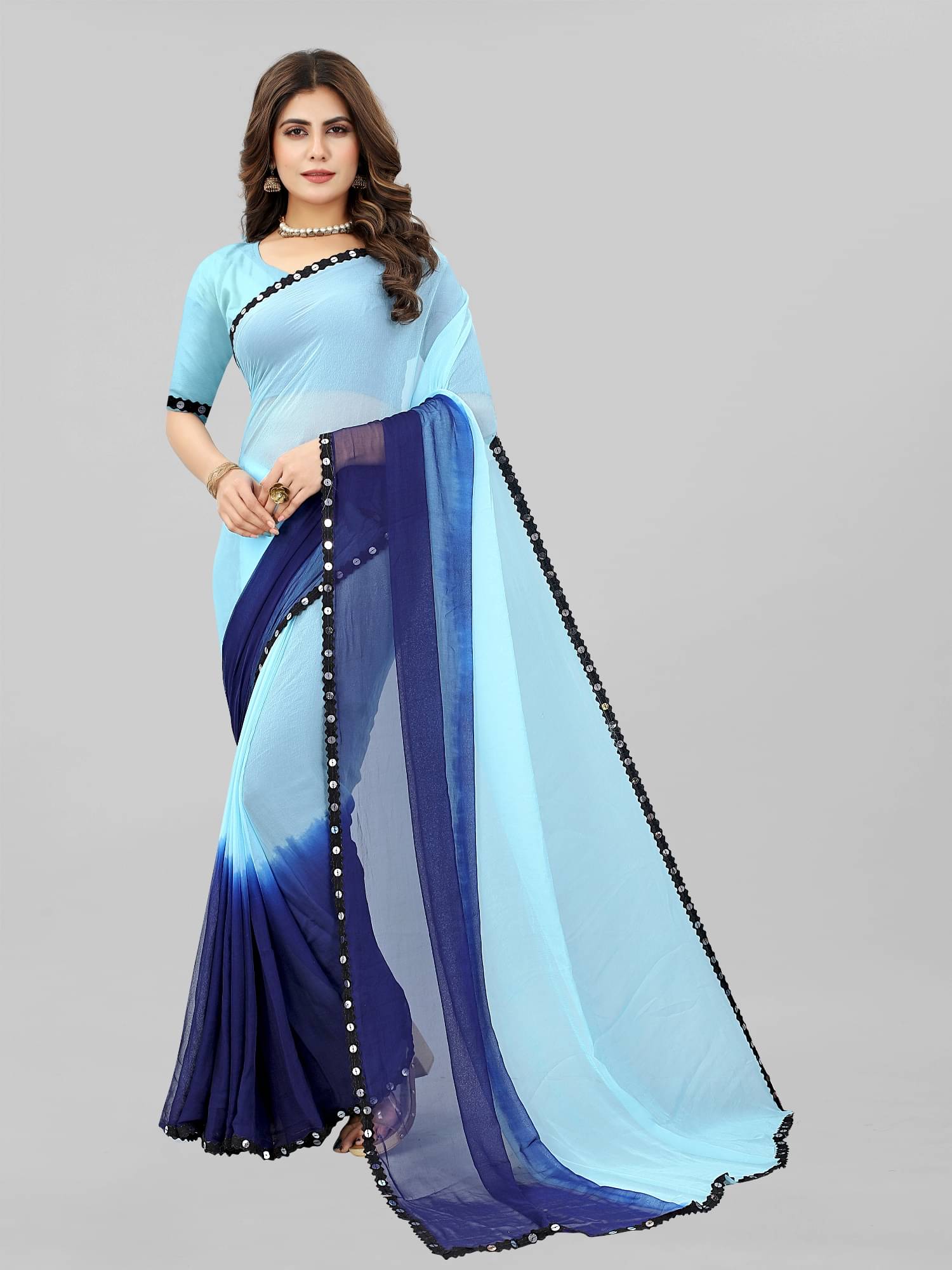 Aika Chiffon Colorblock Saree With Unstitched Blouse Piece ( Navy Blue ) Aika Chiffon Colorblock Saree With Unstitched Blouse Piece ( Navy Blue )