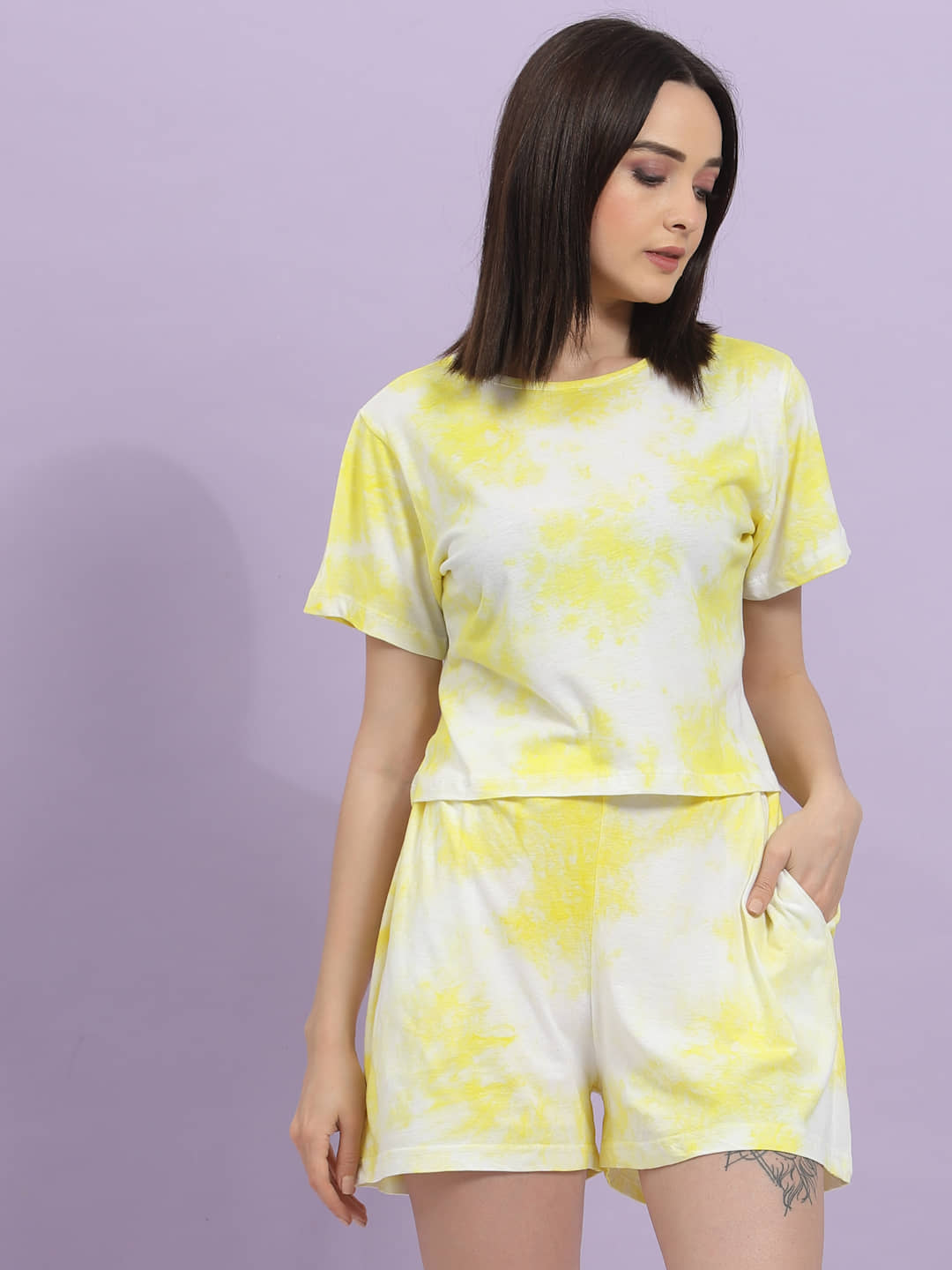 Rigo Women Dyed Top With Shorts Co-Ord Set ( Yellow )