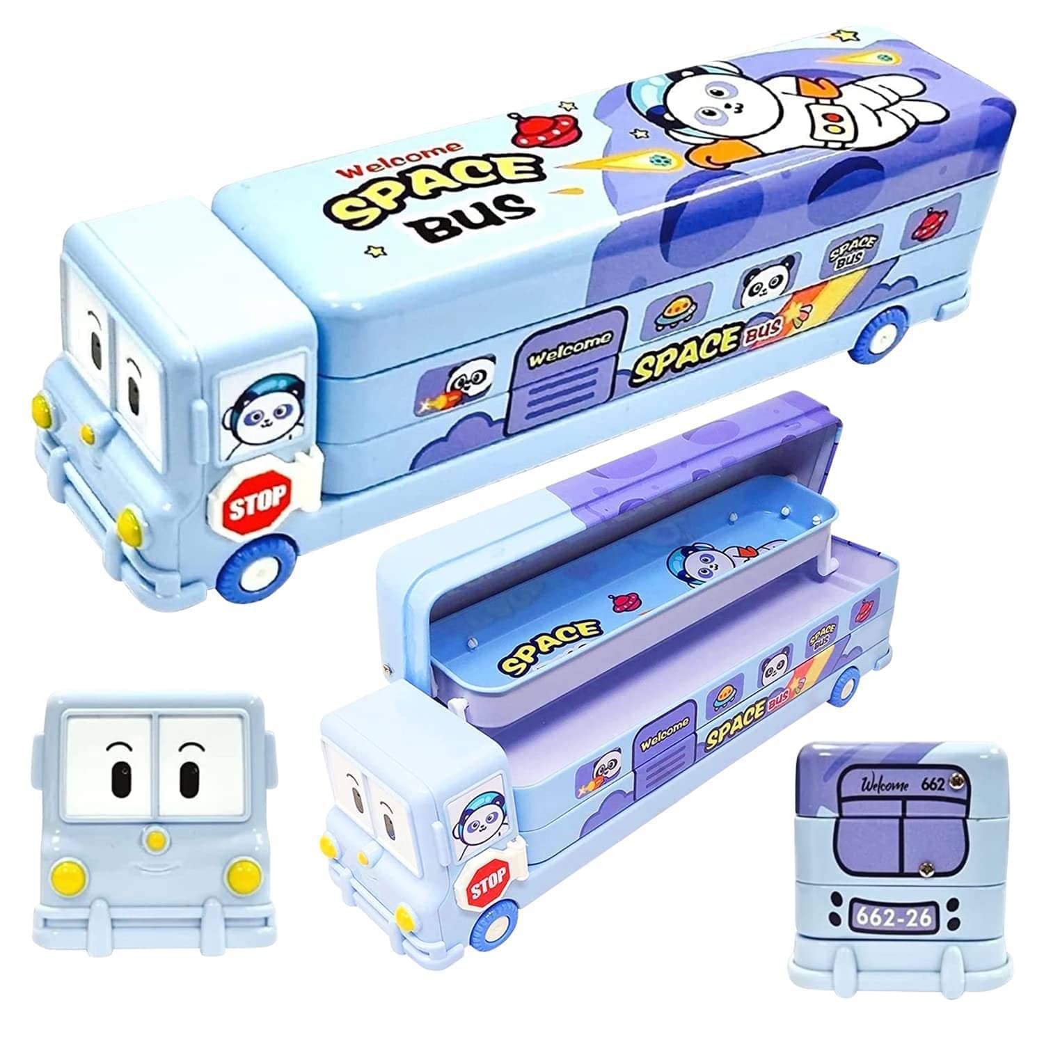     			multicolor Cartoon Printed School Bus Pencil Box for Kids, Colorful Metal Pencil Case with Sharpener & Moving Wheels, Educational & Learning School Stationary Supply Set for Girls & girls (pack of 1) blue