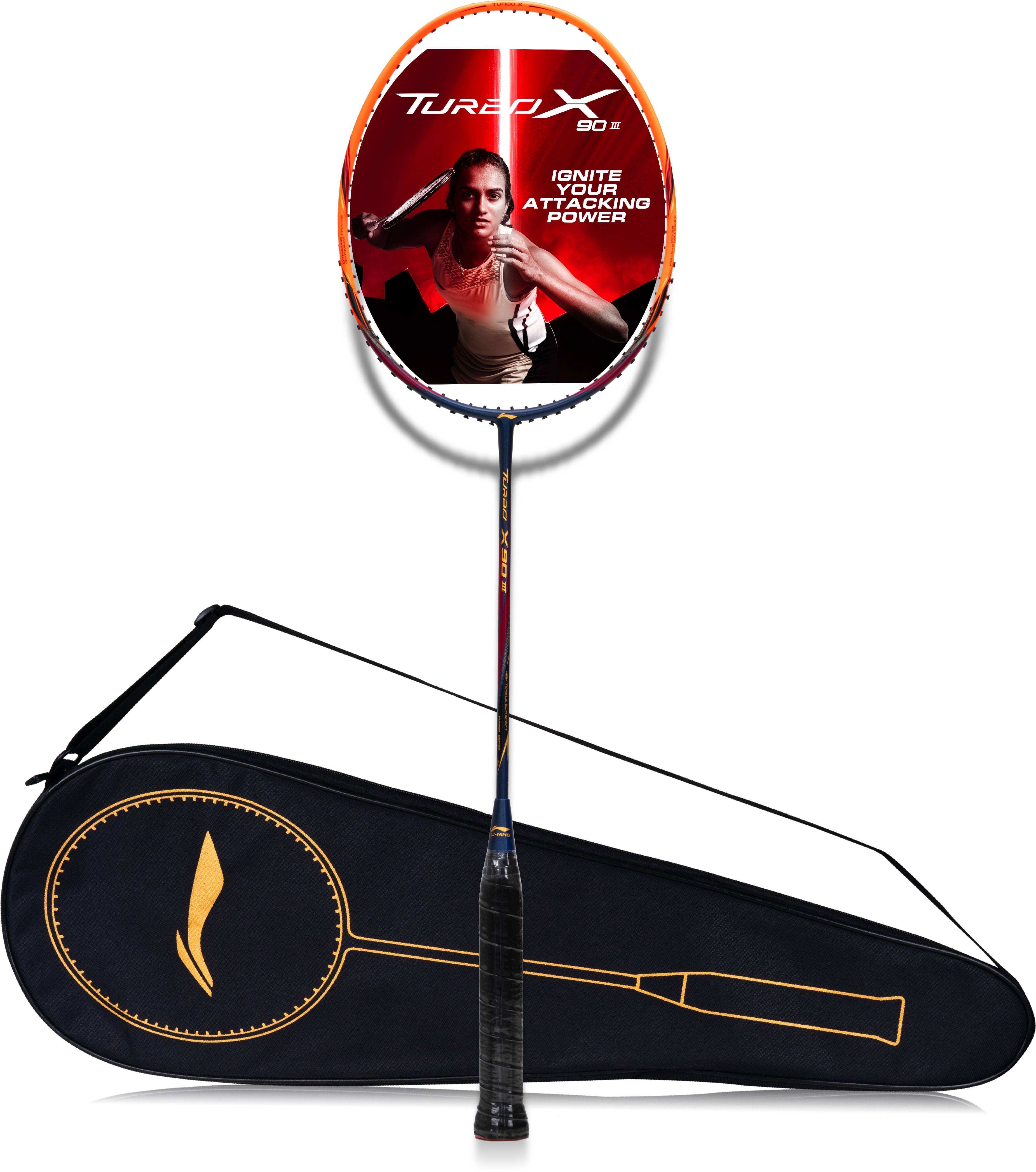     			Li-Ning Turbo X III Carbon Fibre Strung Badminton Racket with Free Racket Cover for Seniors (Navy/Orange, 87 Grams)