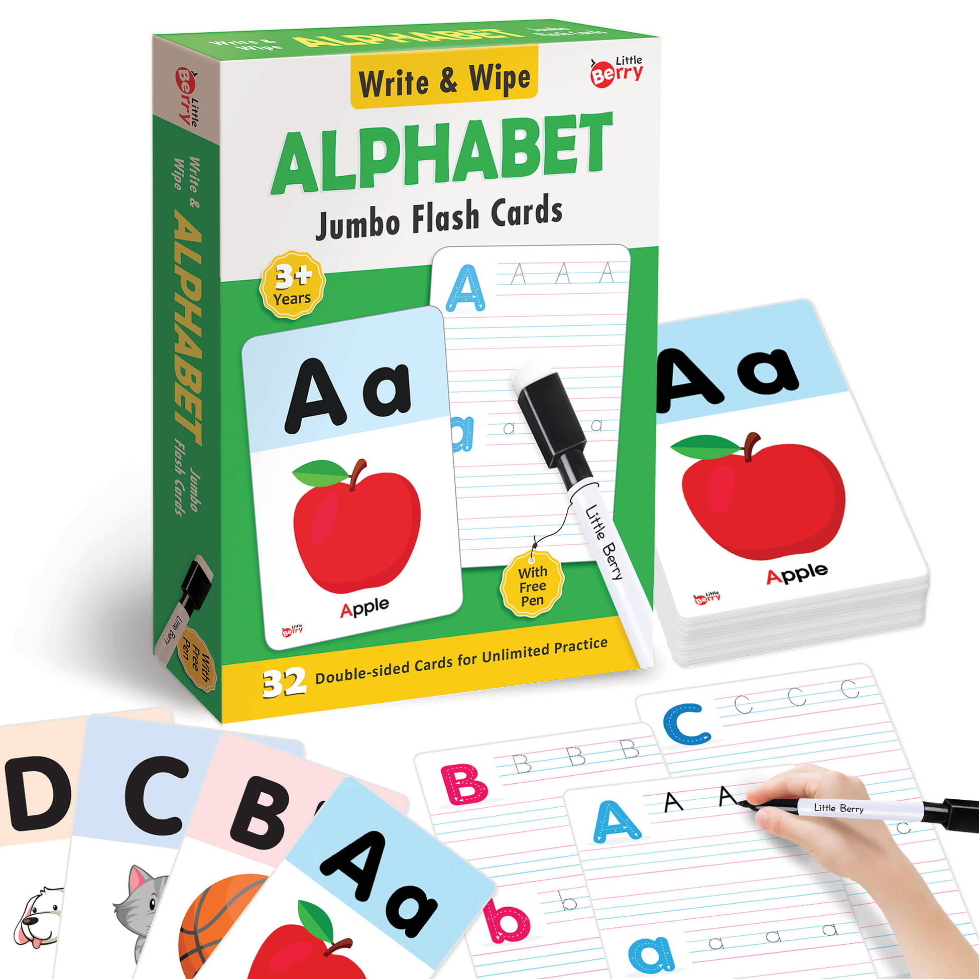     			Little Berry Jumbo Write and Wipe Flash Cards: Alphabets | 32 Reusable Letter Cards with Marker Pen | Gifts, Travel Toy & Preschool Learning for Ages 3 to 6 | Early Reading & Writing Development for Toddlers