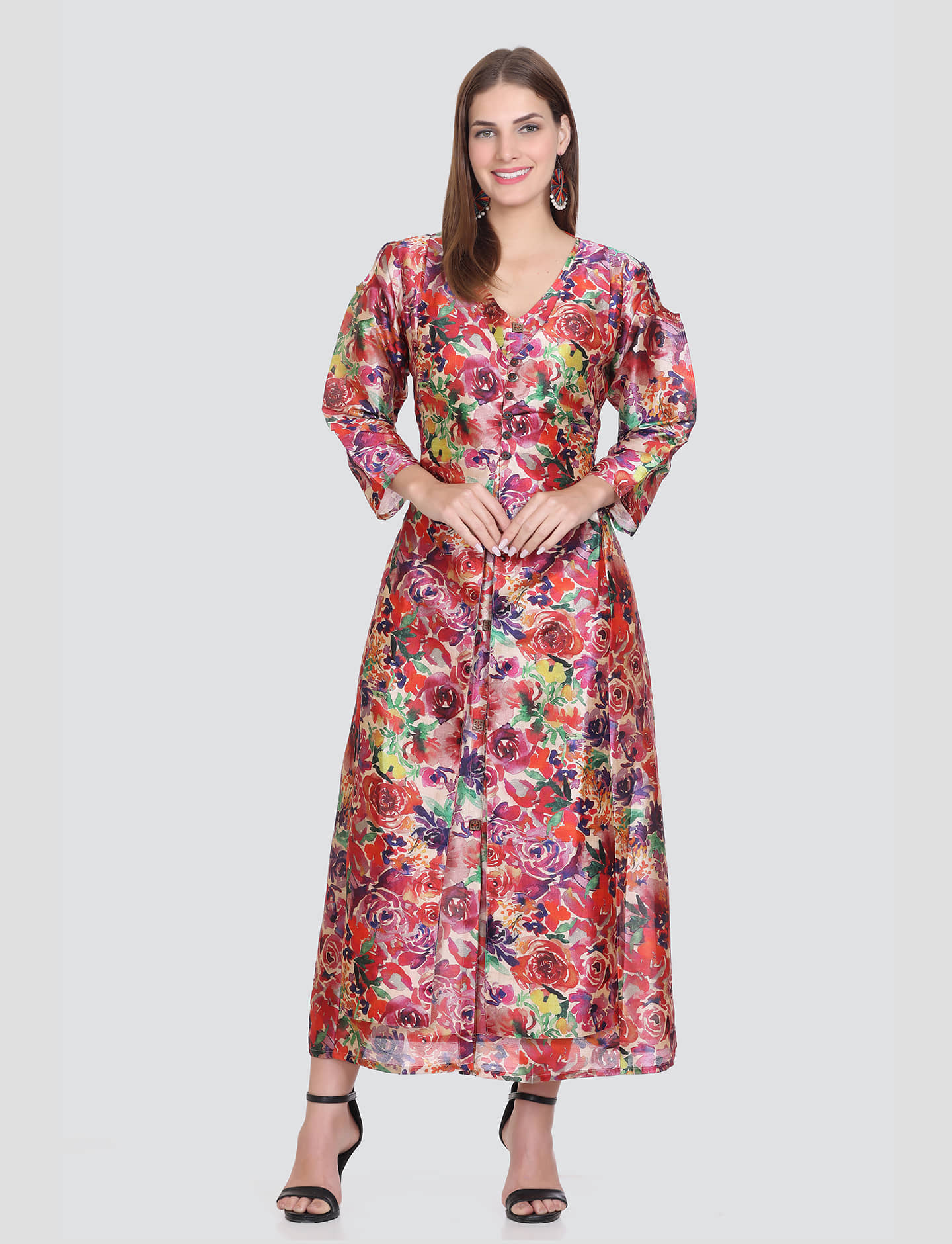 ELTHIA Women Silk Printed Fit & Flare Dress ( Brown )