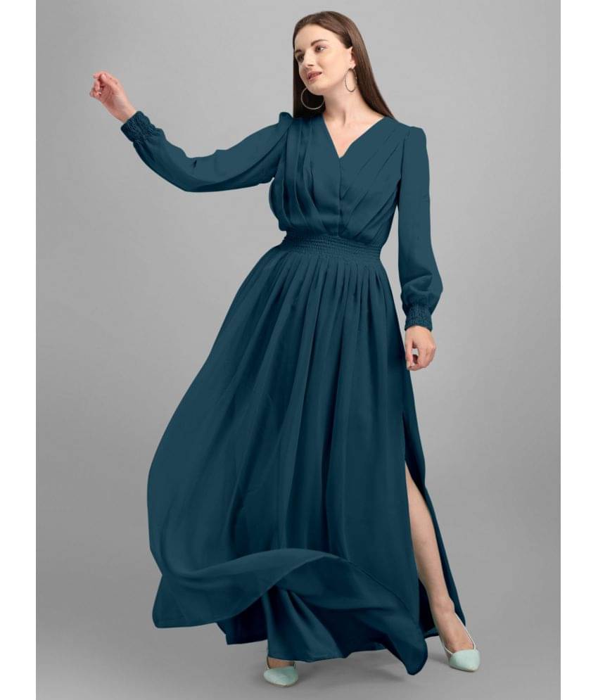     			Femvy Women Georgette Solid Side Slit Dress ( Blue )