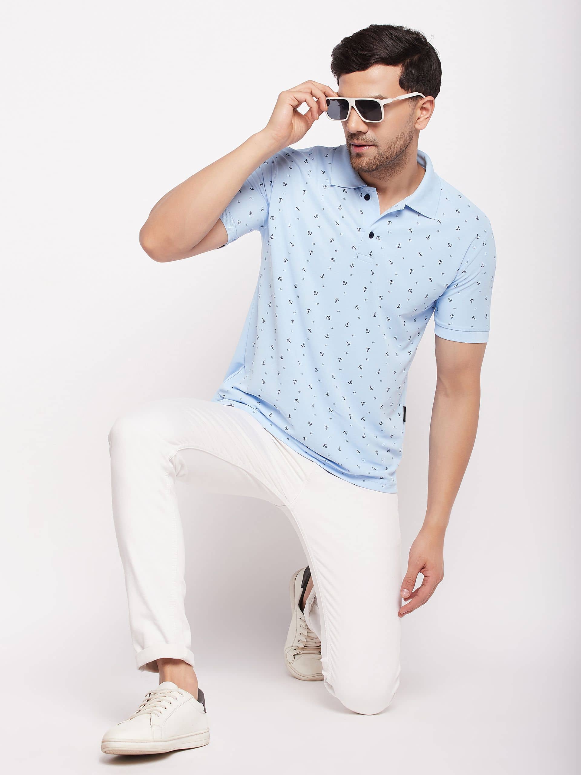 First Krush Pack of 1 Cotton Regular Fit Printed Half Sleeves Men's Polo T Shirt ( Sky Blue )