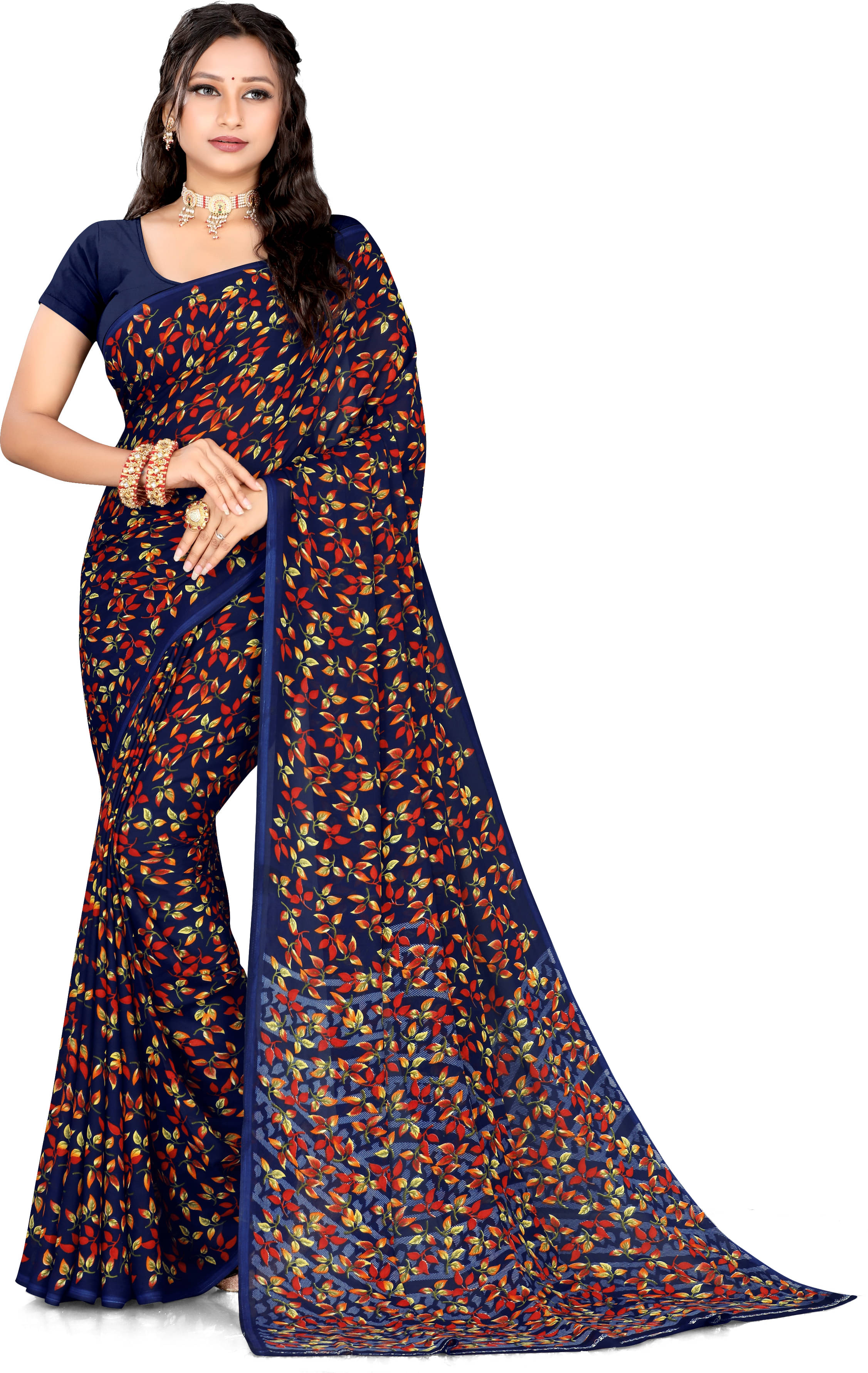     			LEELAVATI Georgette Printed Saree With Unstitched Blouse Piece ( Blue )