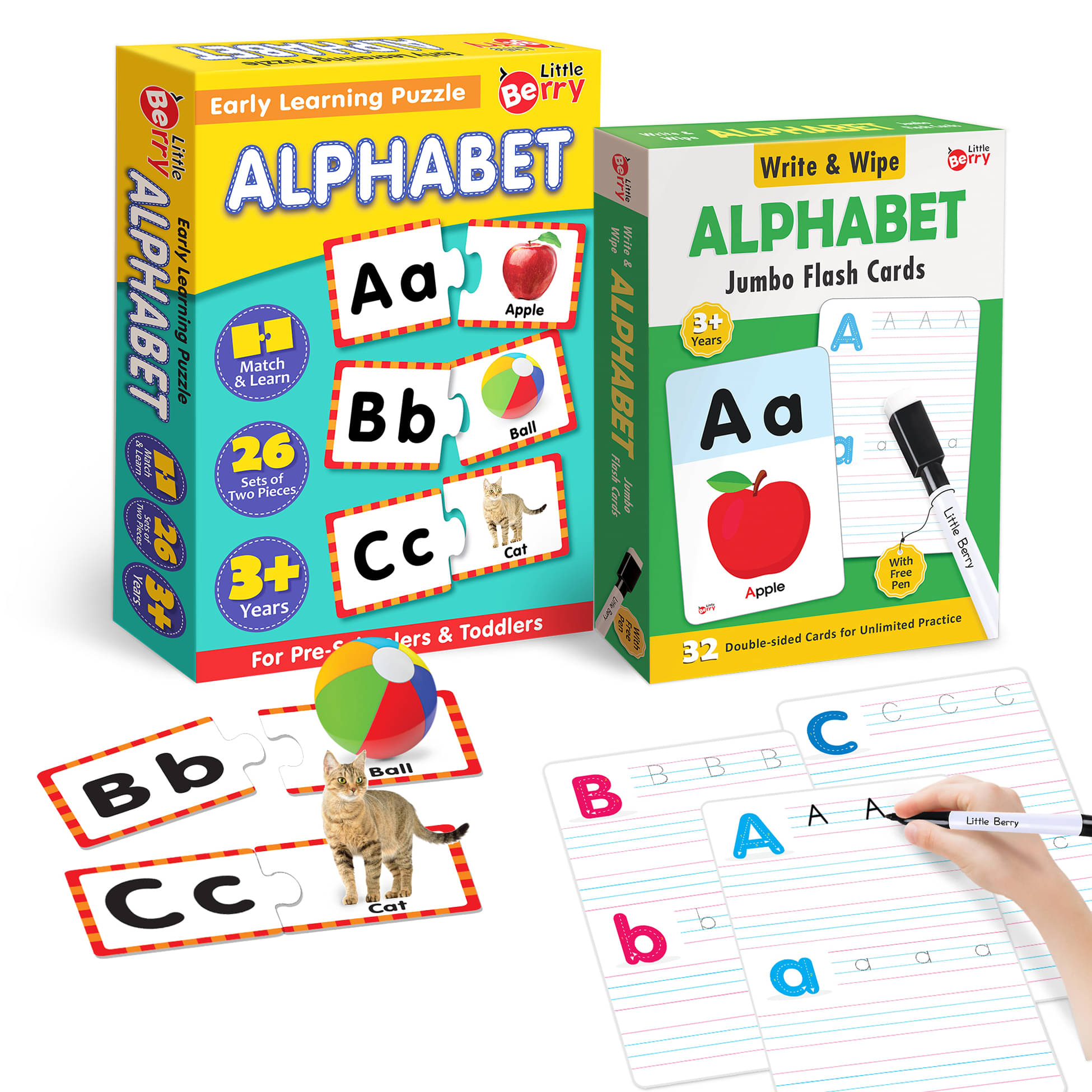    			Little Berry Alphabet Learning Puzzle and Wipe Clean Flash Cards | 52 Thick Jigsaw Puzzle Pieces and 32 Reusable Cards with Marker Pen | Gifting & Educational Toy for Boys Girls
