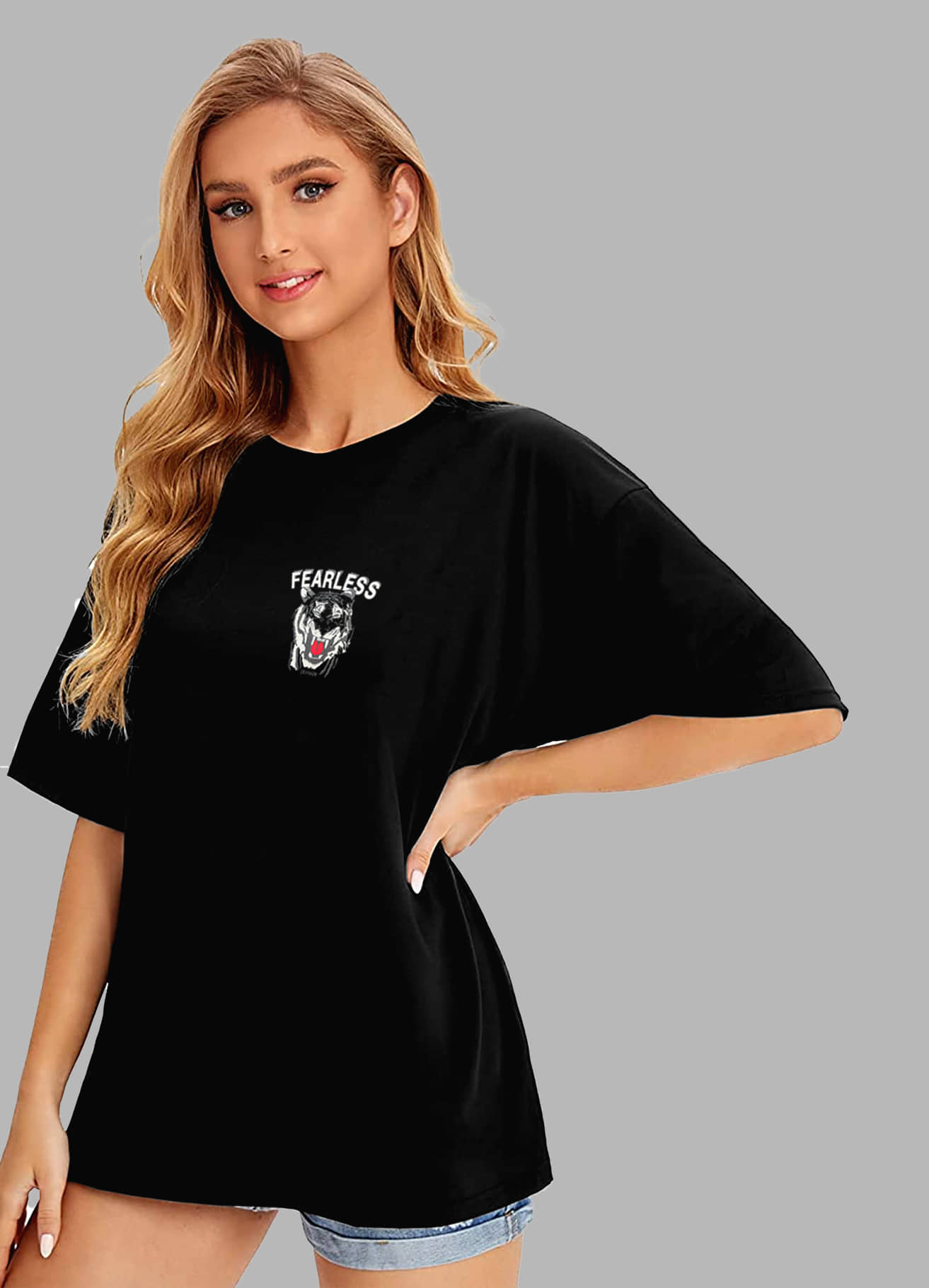 Trond Women Cotton Blend Printed Oversized Fit Round Neck T-Shirt ( Black )