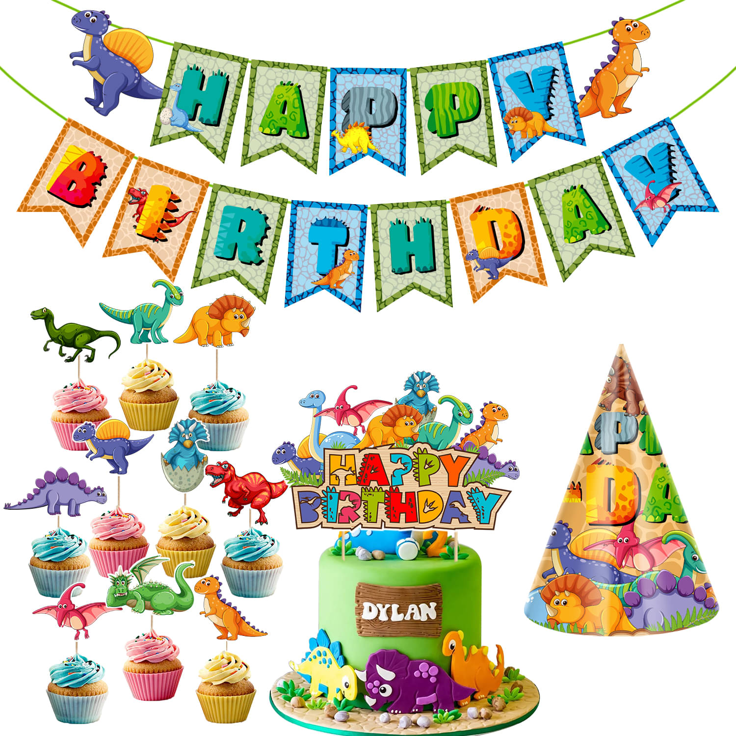     			Zyozi Dinosaur Birthday Party Supplies,13 Pcs Dinosaur Party Supplies Set for Boys and Girls, Include Cup Cake Toppers, Banner, Cake Topper and Birthday Cap