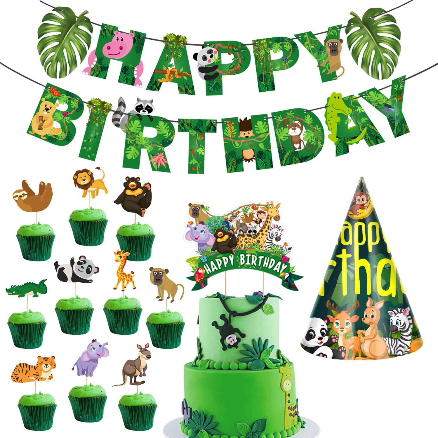     			Zyozi Jungle Safari Happy Birthday Decoration Kids,Animal Birthday Banner with Cup Cake Toppers, Cake Topper and Birthday Cap for Boy Birthday 1st 2nd 3rd 16th 18th 21st (Pack of 13)