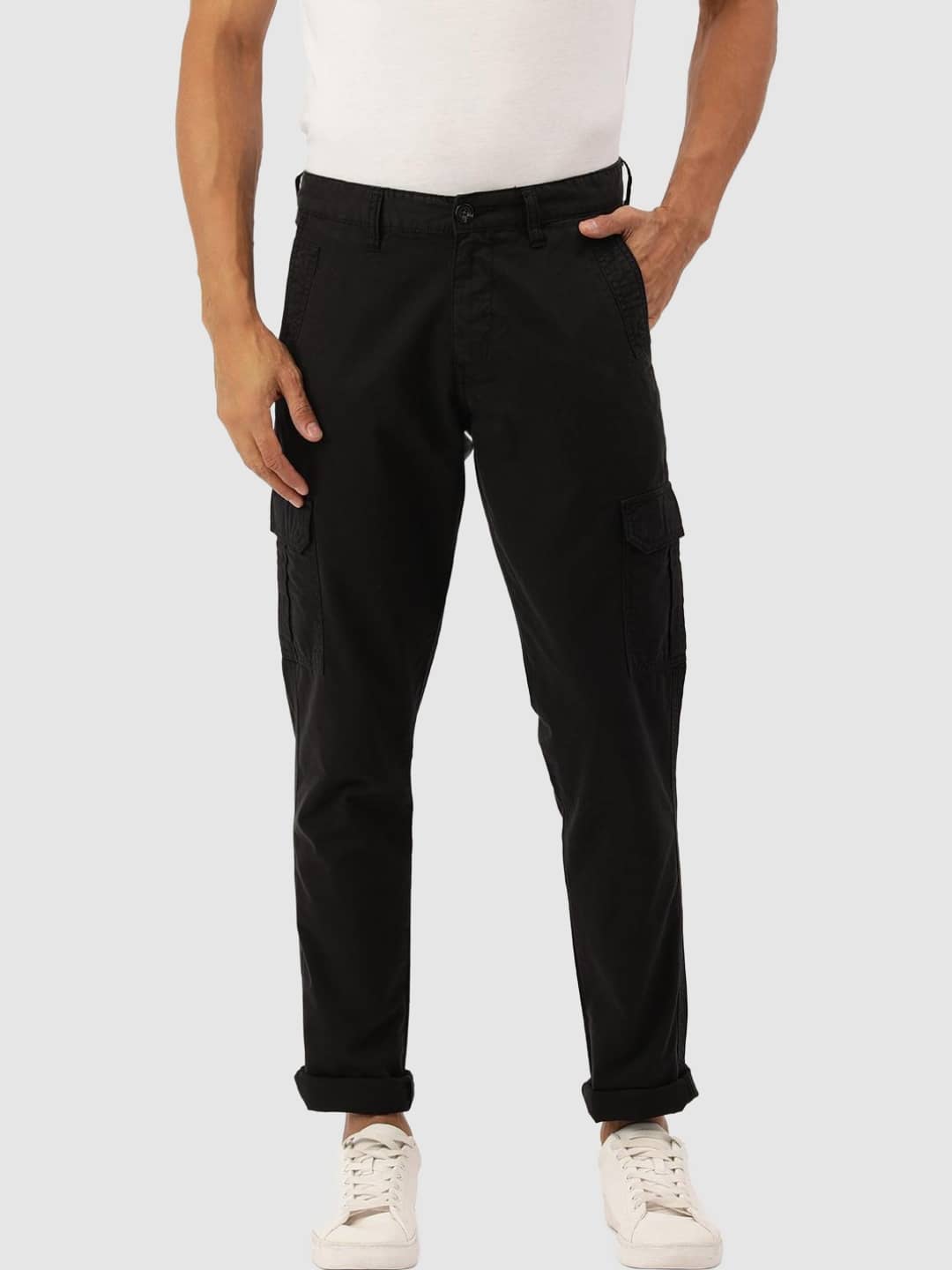 IVOC Men Black Solid Slim Fit Casual Pure Cotton Cargos - Trousers | Buy online on ZillyBuy
