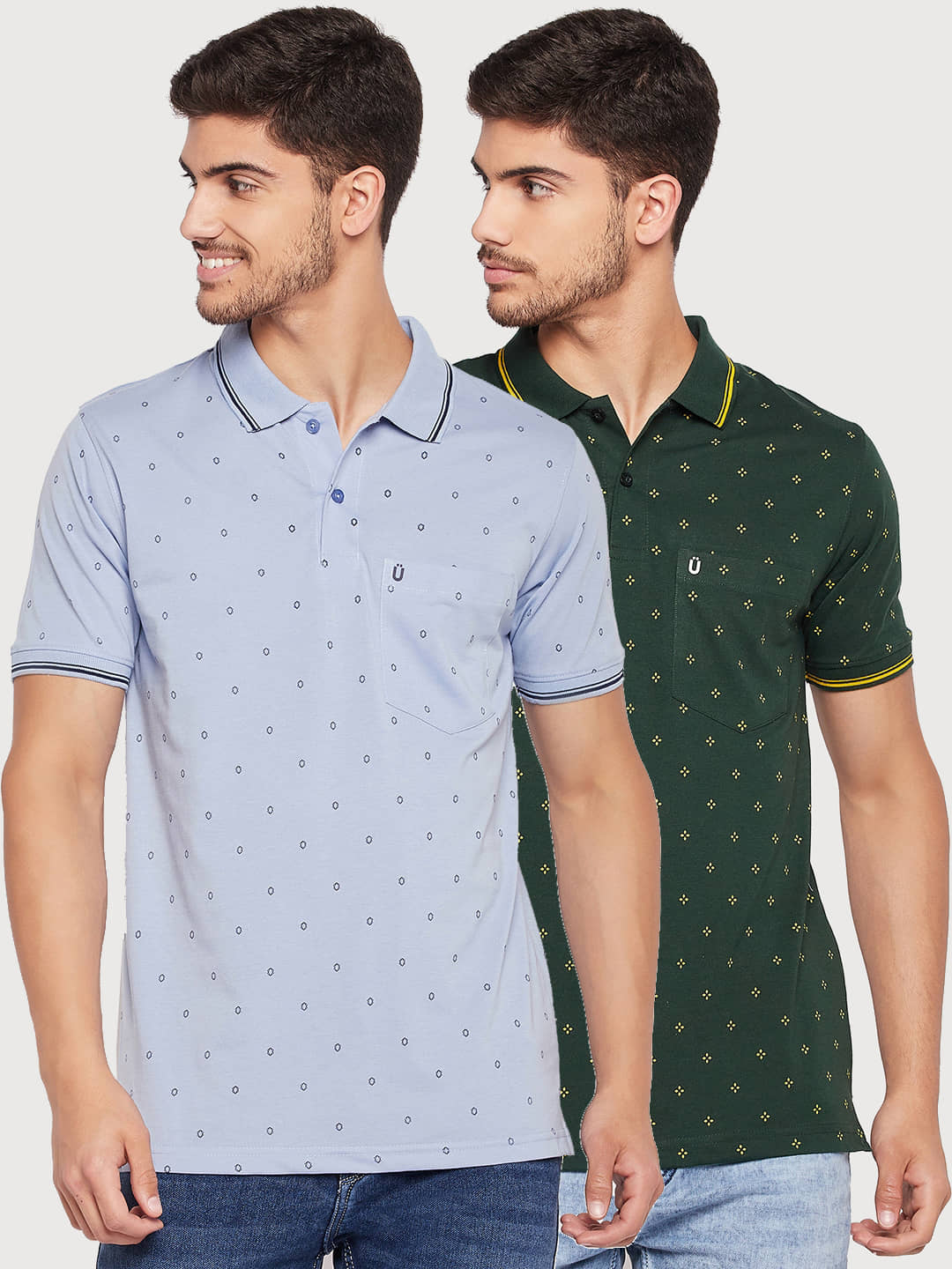 UNIBERRY Pack of 2 Cotton Blend Regular Fit Printed Half Sleeves Men's Polo T Shirt ( Blue )