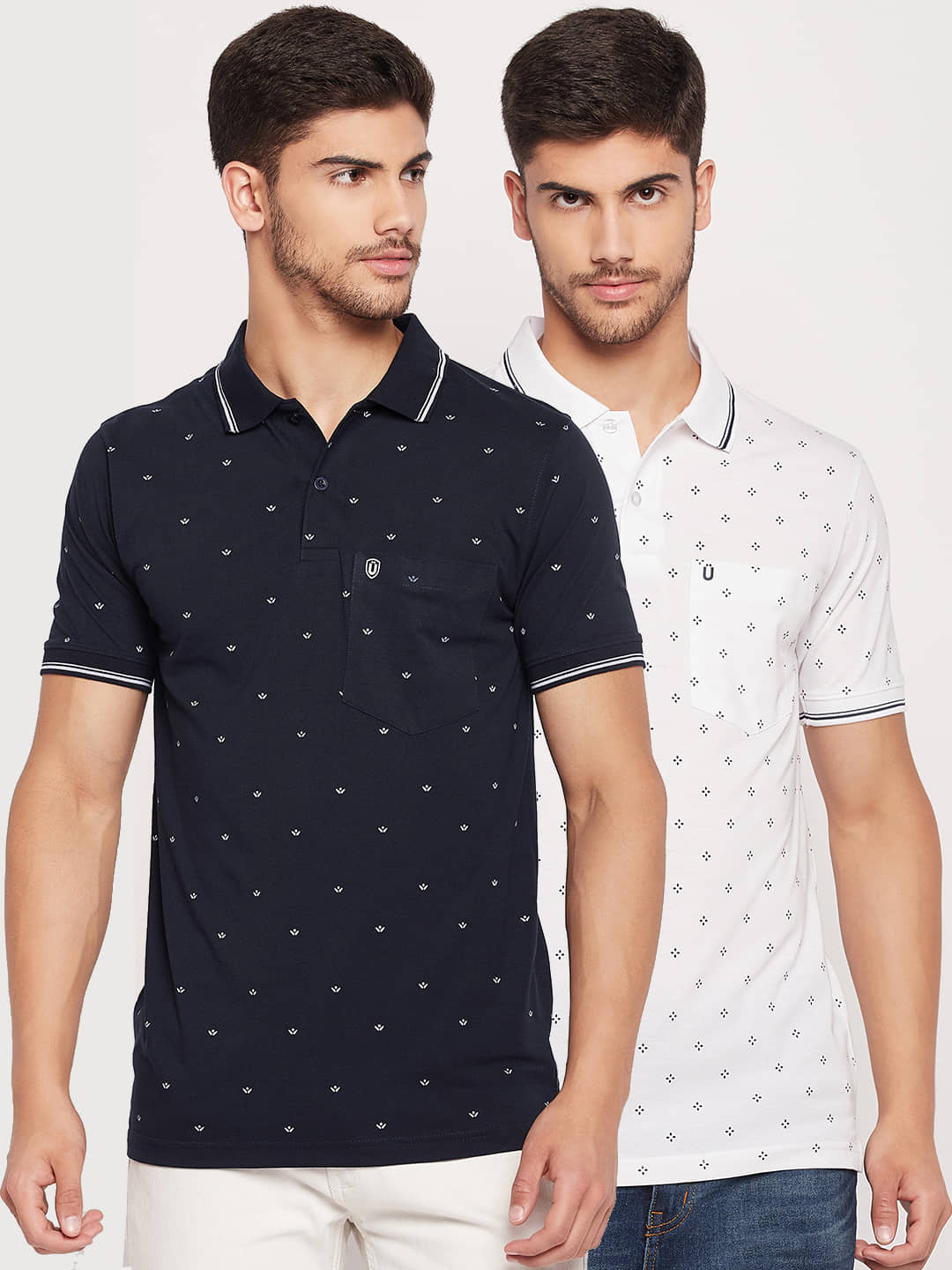 UNIBERRY Pack of 2 Cotton Blend Regular Fit Printed Half Sleeves Men's Polo T Shirt ( Navy )