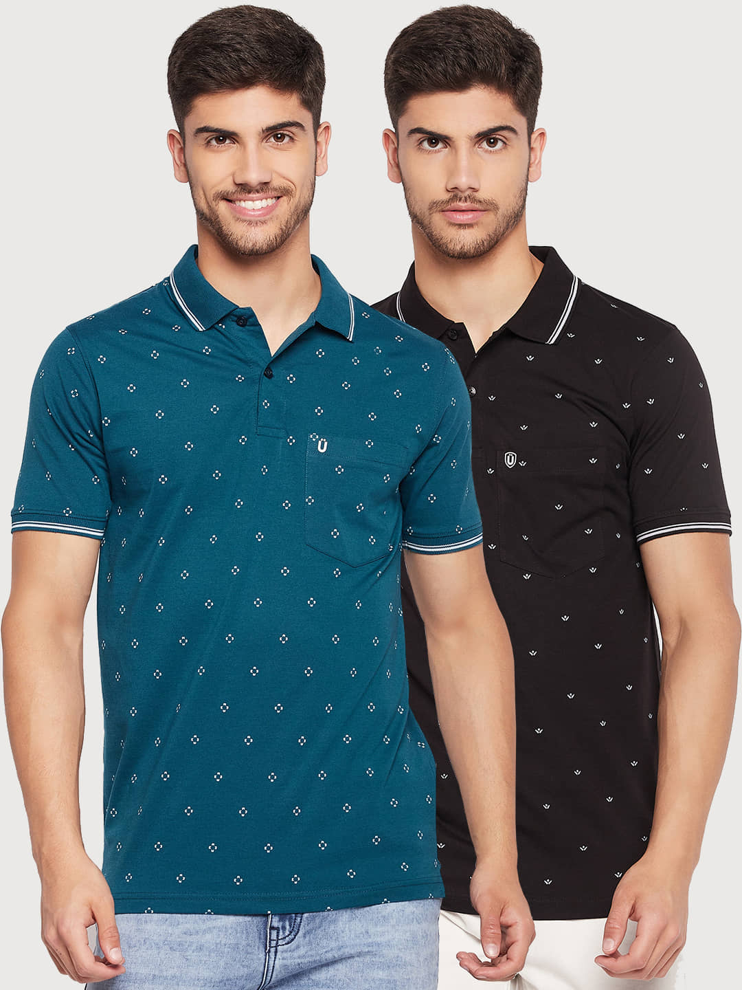 UNIBERRY Pack of 2 Cotton Blend Regular Fit Printed Half Sleeves Men's Polo T Shirt ( Teal Blue )