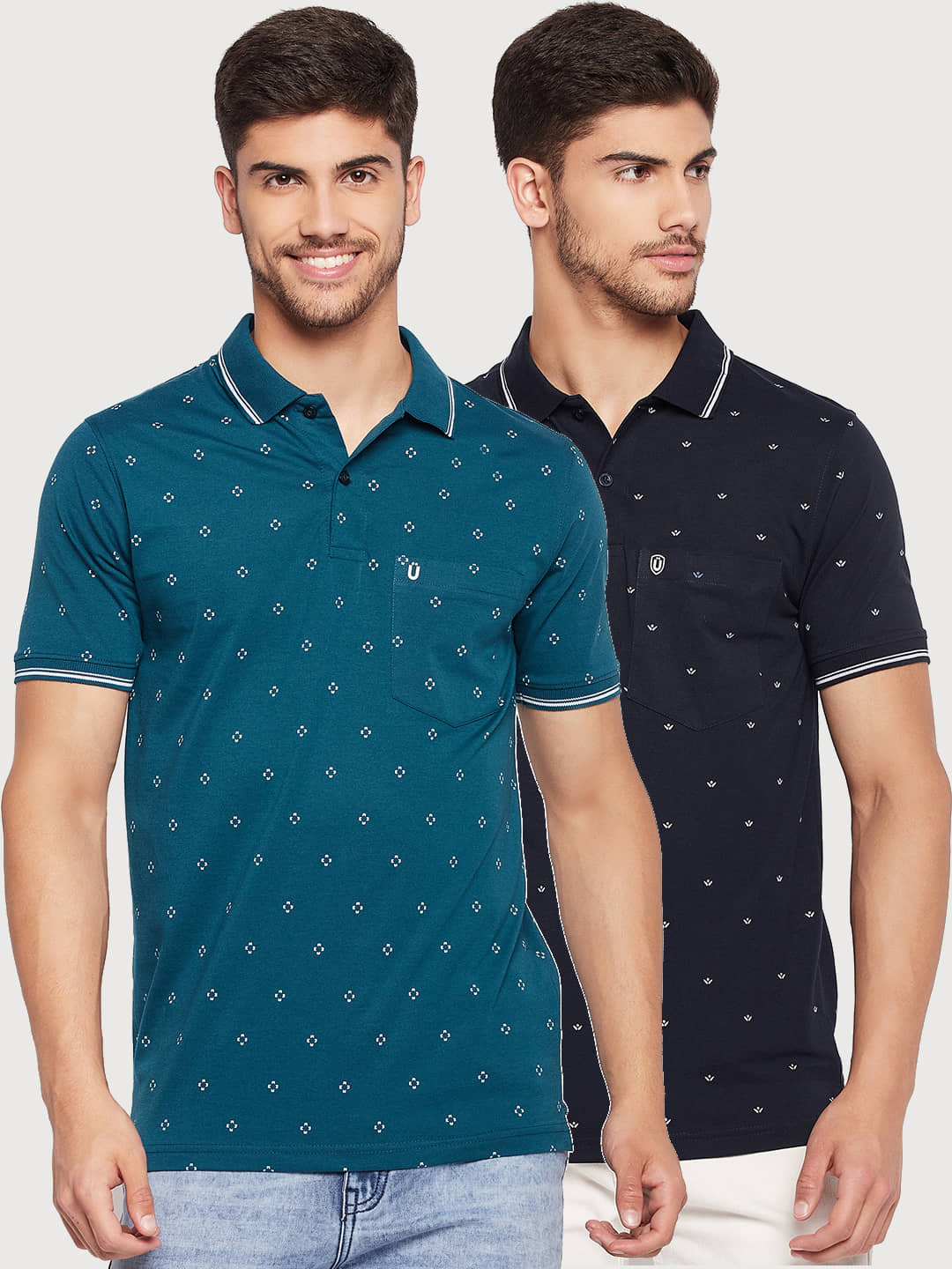 UNIBERRY Pack of 2 Cotton Blend Regular Fit Printed Half Sleeves Men's Polo T Shirt ( Teal Blue )