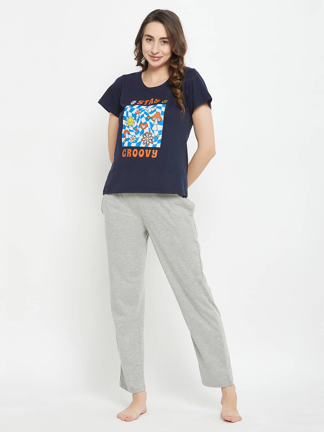 Clovia Women Cotton Blend Printed Regular Fit Round Neck T-Shirt ( Blue )     			Clovia Women Cotton Blend Printed Regular Fit Round Neck T-Shirt ( Blue )