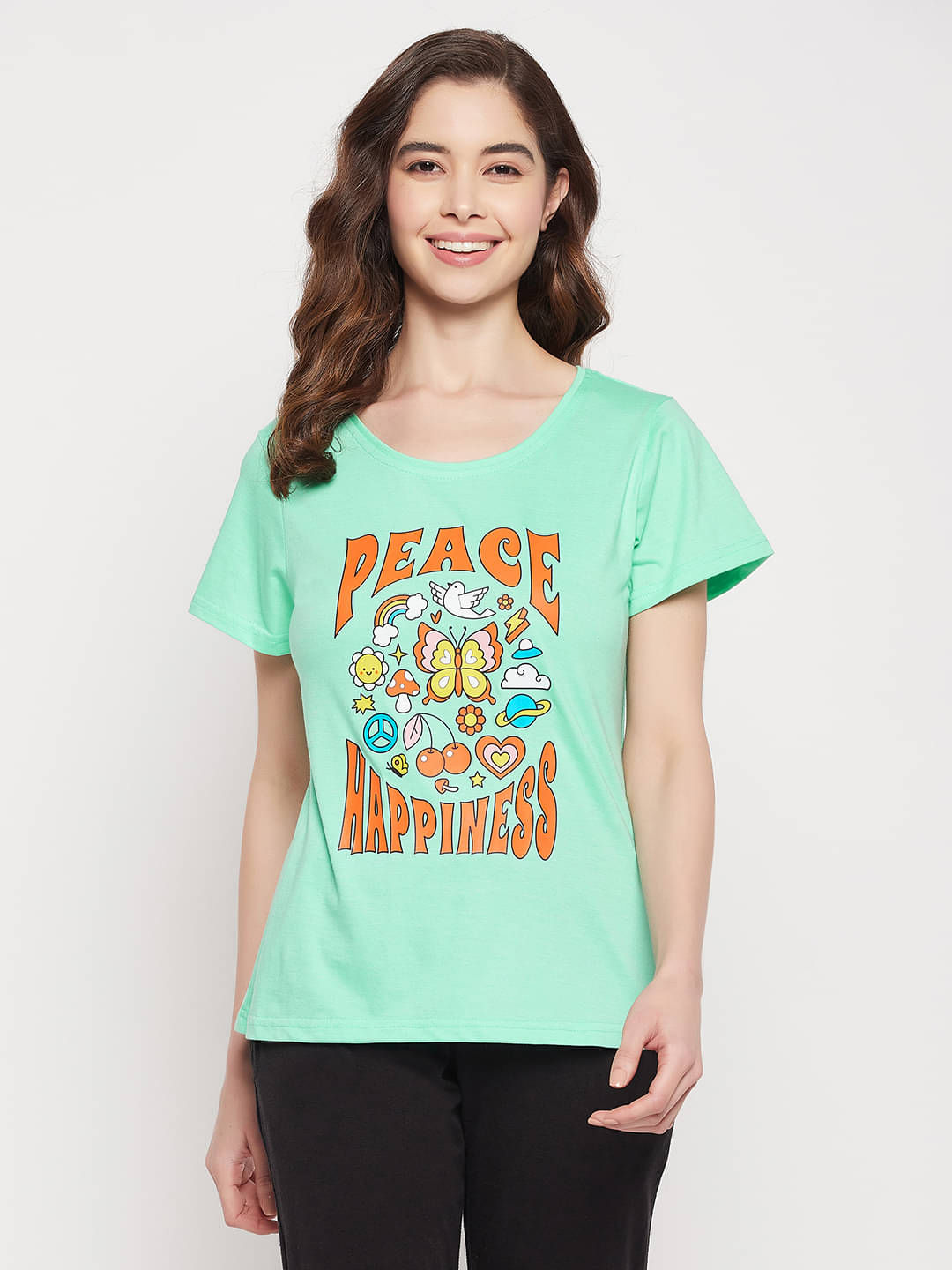 Clovia Women Cotton Blend Printed Regular Fit Round Neck T-Shirt ( Green ) Clovia Women Cotton Blend Printed Regular Fit Round Neck T-Shirt ( Green )
