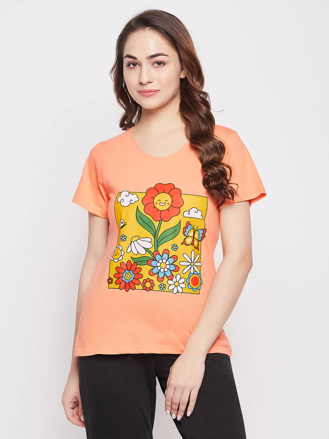     			Clovia Women Cotton Blend Printed Regular Fit Round Neck T-Shirt ( Peach )