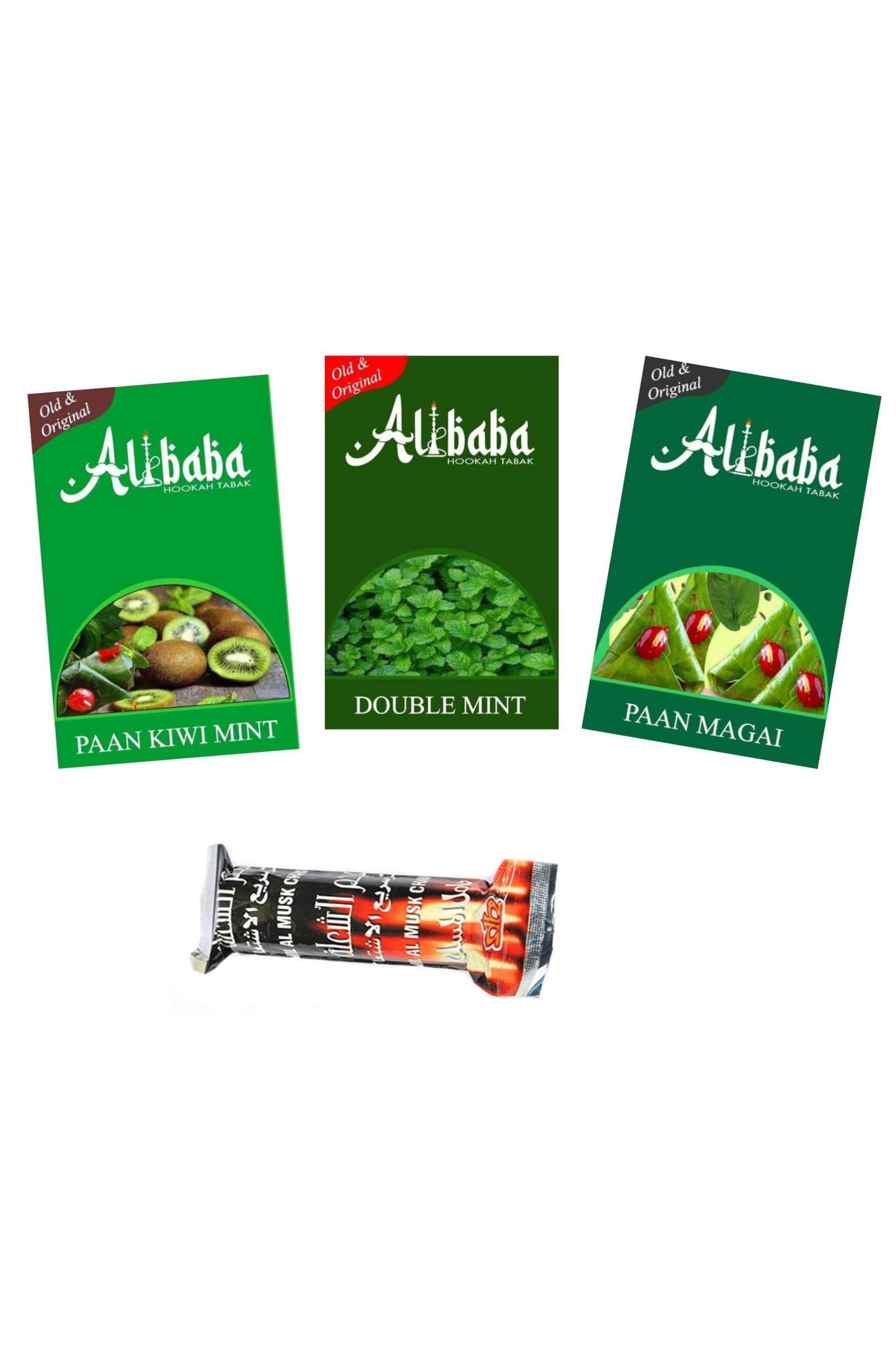 Alibaba Hookah Flavors Paan Kiwi Mint, Double Mint, Paan Magai With Coal (Pack of 4) Alibaba Hookah Flavors Paan Kiwi Mint, Double Mint, Paan Magai With Coal (Pack of 4)