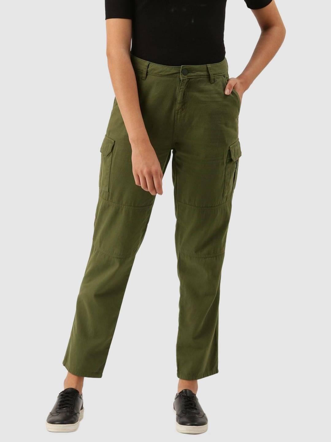     			Women Olive Green Slim Fit Solid Cargo Trousers