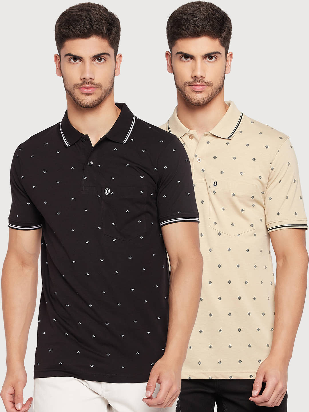 UNIBERRY Pack of 2 Cotton Blend Regular Fit Printed Half Sleeves Men's Polo T Shirt ( Black )