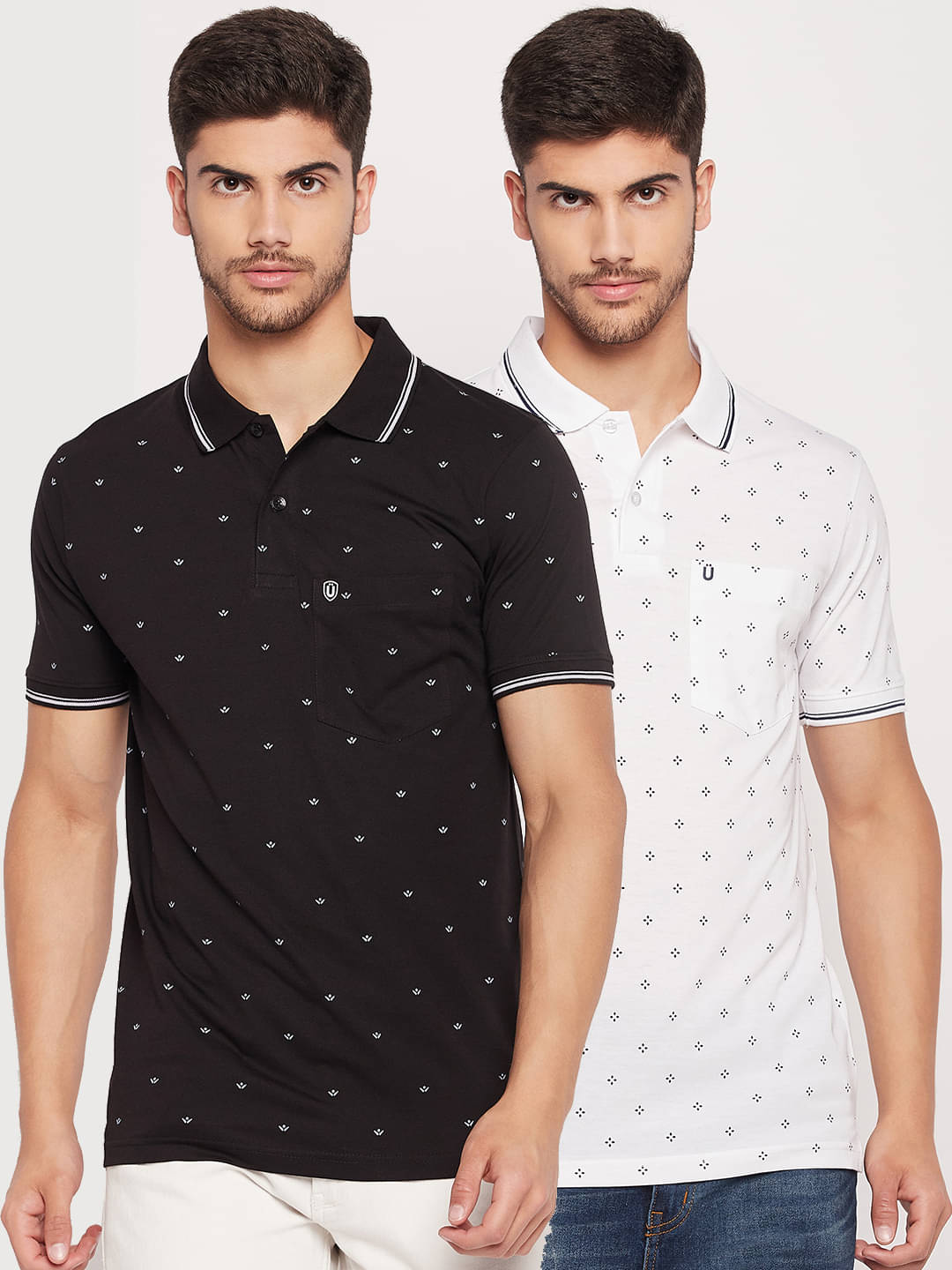 UNIBERRY Pack of 2 Cotton Blend Regular Fit Printed Half Sleeves Men's Polo T Shirt ( Black )     			UNIBERRY Pack of 2 Cotton Blend Regular Fit Printed Half Sleeves Men's Polo T Shirt ( Black )
