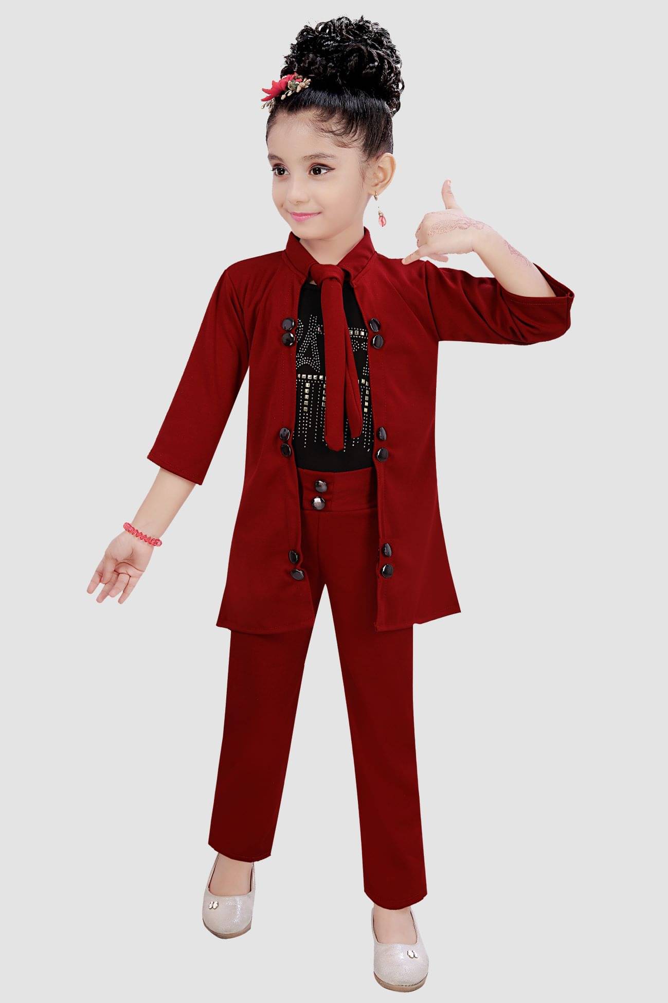     			9stiches - Maroon Lycra Girls Top With Jacket With Pants ( Pack of 1 )