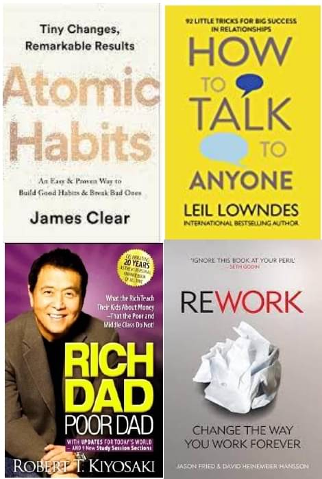     			Atomic Habits + How To Talk Anyone + Rich Dad Poor Dad + Rework