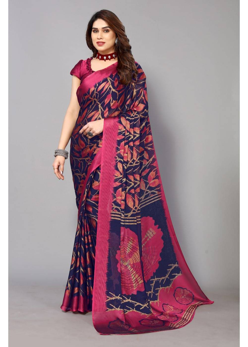     			FABMORA Chiffon Printed Saree With Unstitched Blouse Piece ( Navy Blue )