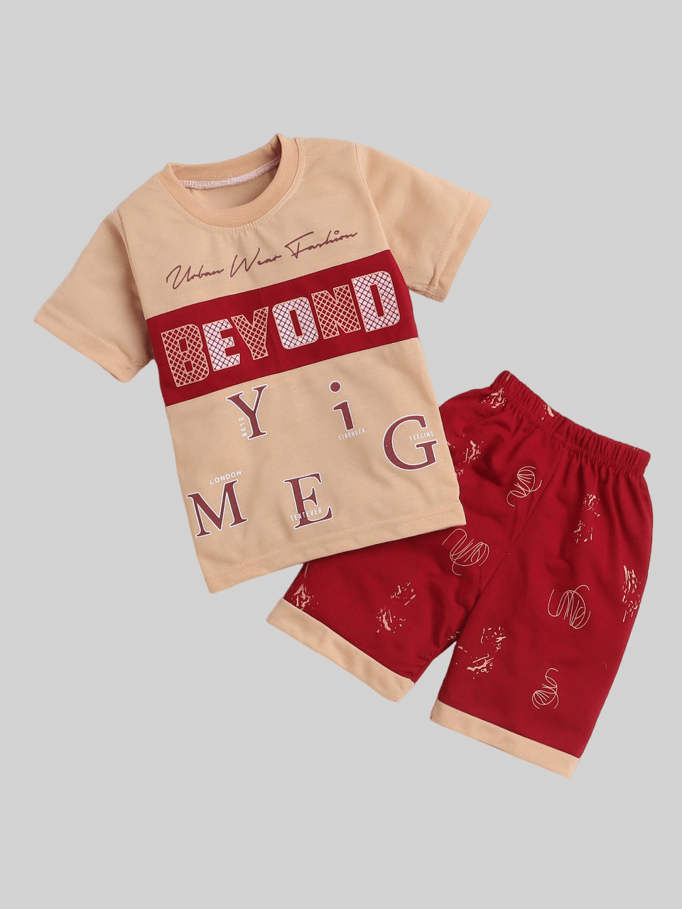     			Fourfolds Pack of 1 Boys Cotton T-Shirt & Shorts Set ( Beige )