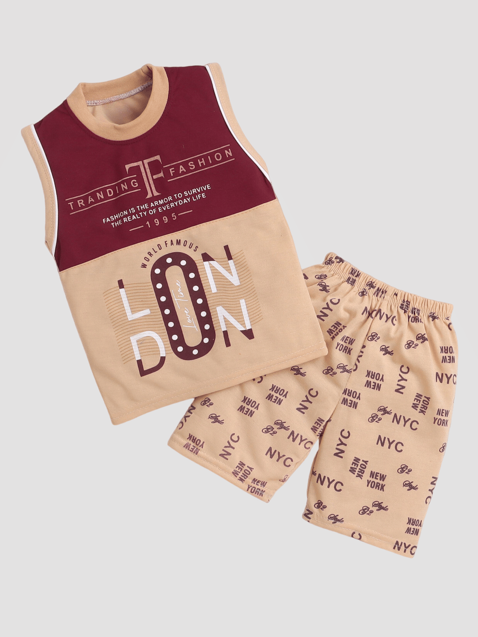 Fourfolds Pack of 1 Boys Cotton T-Shirt & Shorts Set ( Beige )