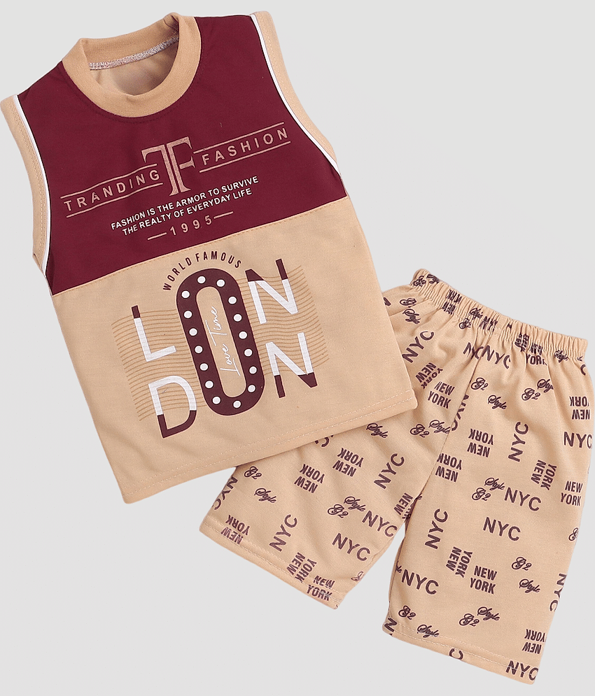 Fourfolds Pack of 1 Boys Cotton T-Shirt & Shorts Set ( Beige )