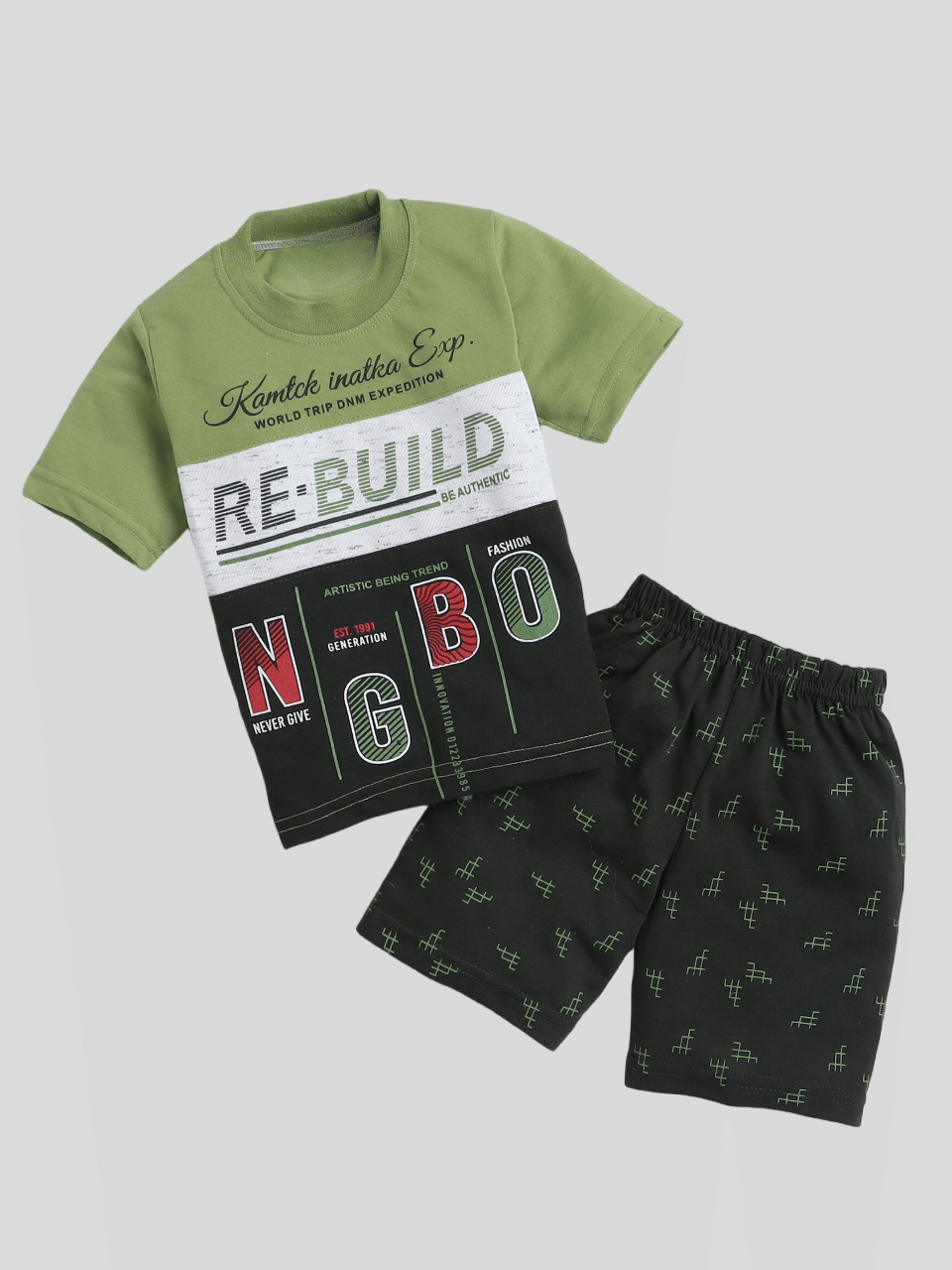     			Fourfolds Pack of 1 Boys Cotton T-Shirt & Shorts Set ( Green )