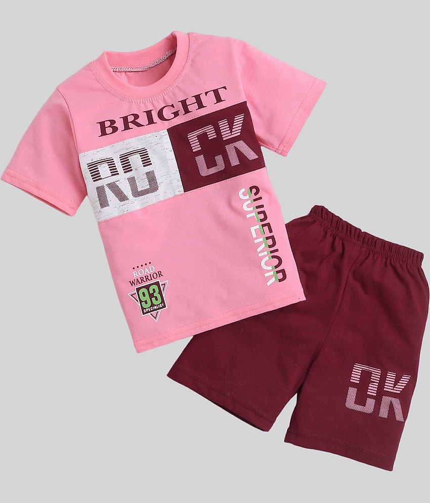 Fourfolds Pack of 1 Boys Cotton T-Shirt & Shorts Set ( Pink )