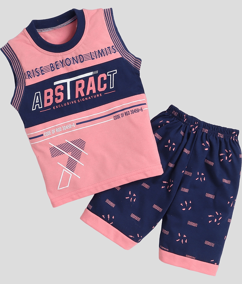 Fourfolds Pack of 1 Boys Cotton T-Shirt & Shorts Set ( Pink )