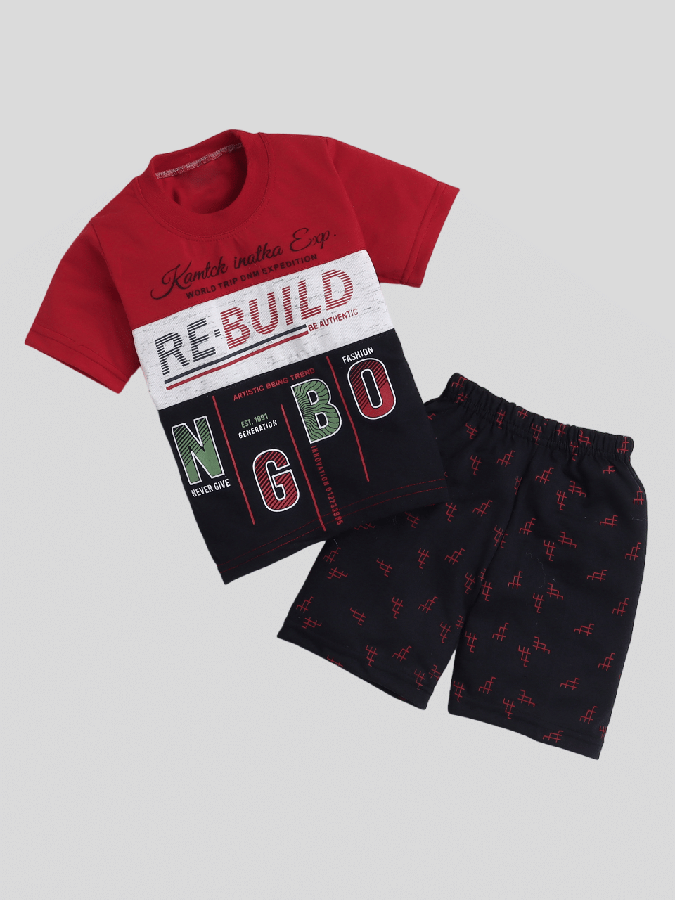 Fourfolds Pack of 1 Boys Cotton T-Shirt & Shorts Set ( Red )