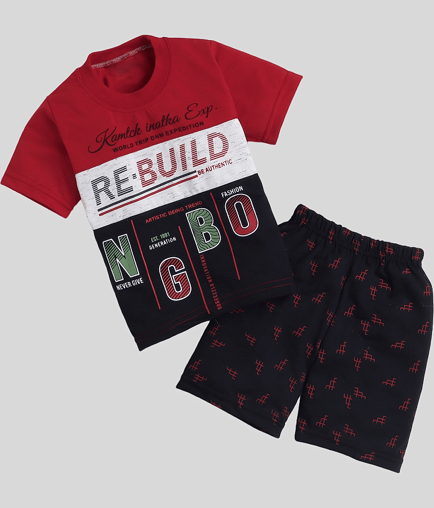 Fourfolds Pack of 1 Boys Cotton T-Shirt & Shorts Set ( Red )