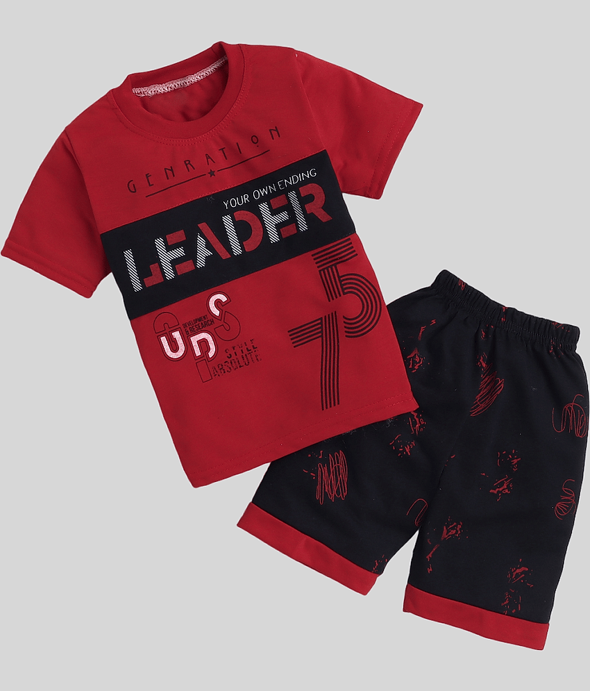 Fourfolds Pack of 1 Boys Cotton T-Shirt & Shorts Set ( Red )