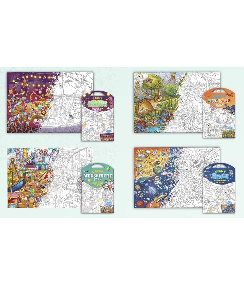 GIANT CIRCUS COLOURING POSTER, GIANT DINOSAUR COLOURING POSTER, GIANT AMUSEMENT PARK COLOURING POSTER and GIANT SPACE COLOURING POSTER | Combo pack of 4 Posters I large colouring posters for adults GIANT CIRCUS COLOURING POSTER, GIANT DINOSAUR COLOURING POSTER, GIANT AMUSEMENT PARK COLOURING POSTER and GIANT SPACE COLOURING POSTER | Combo pack of 4 Posters I large colouring posters for adults