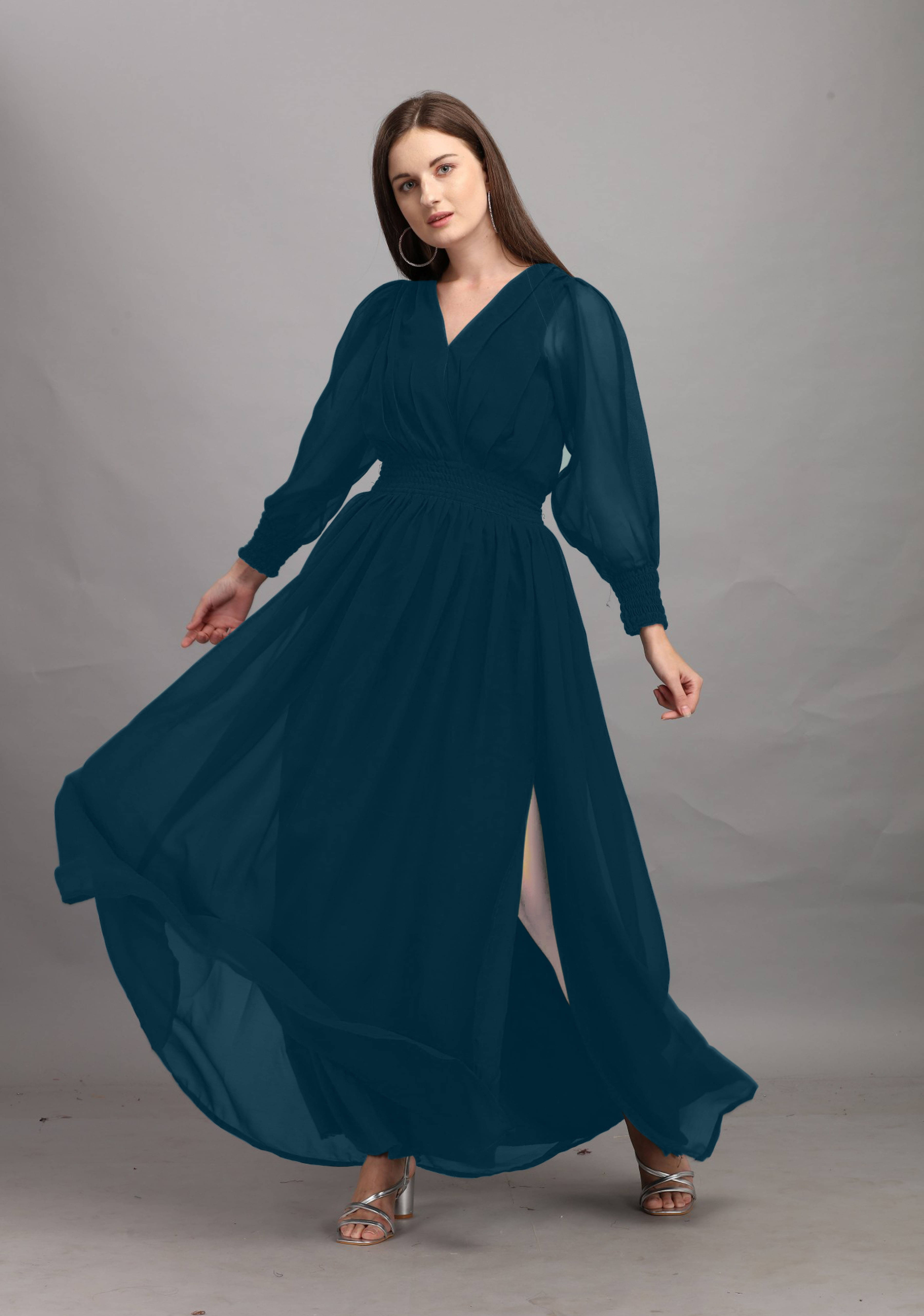 JASH CREATION Women Georgette Solid Side Slit Dress ( Blue ) JASH CREATION Women Georgette Solid Side Slit Dress ( Blue )