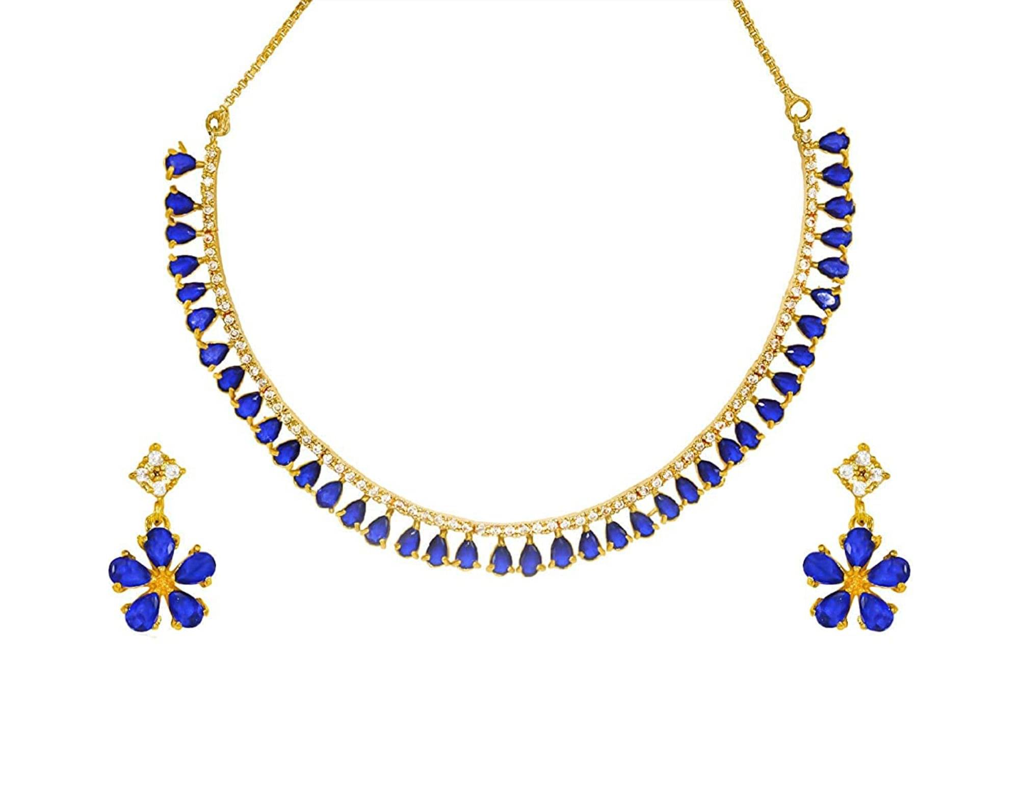     			Jewar Mandi - Blue Brass Necklace Set ( Pack of 1 )