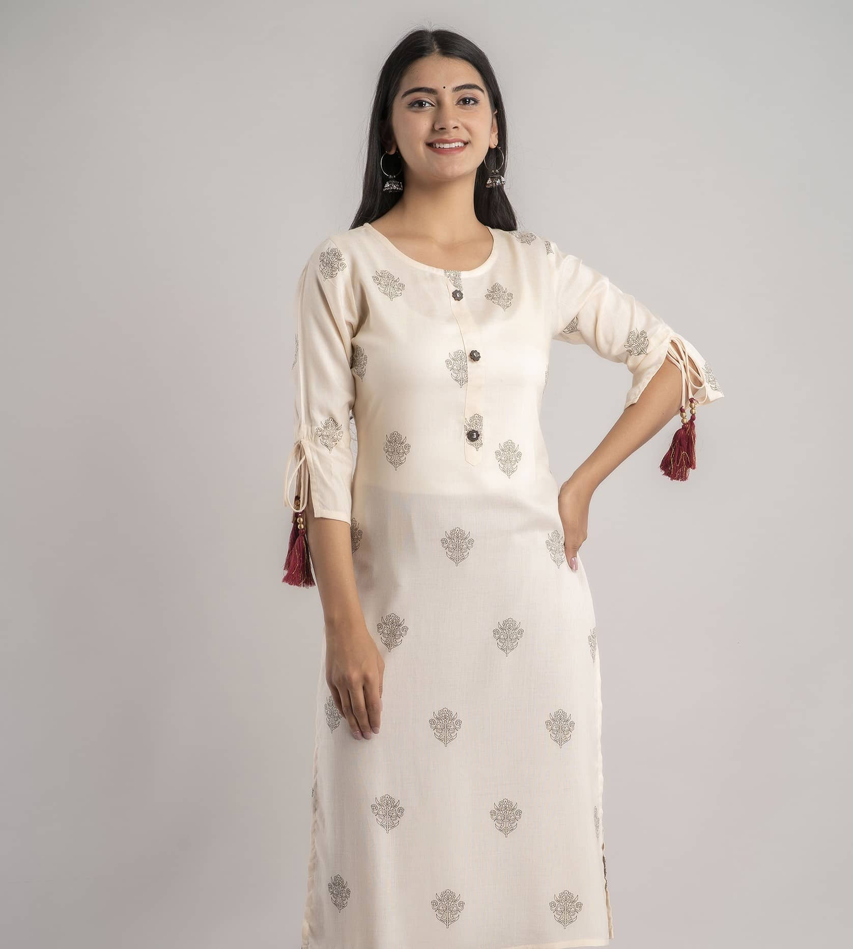 MAUKA - Cream Rayon Women's Straight Kurti ( Pack of 1 ) - Kurtis, Tunics | Buy online on ZillyBuy