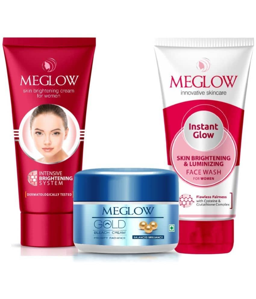 Meglow GOLD BLEACH 50g + SKIN BRIGHTENING CREAM FOR WOMEN 50g + INSTANT GLOW FACE WASH FOR WOMEN 70g